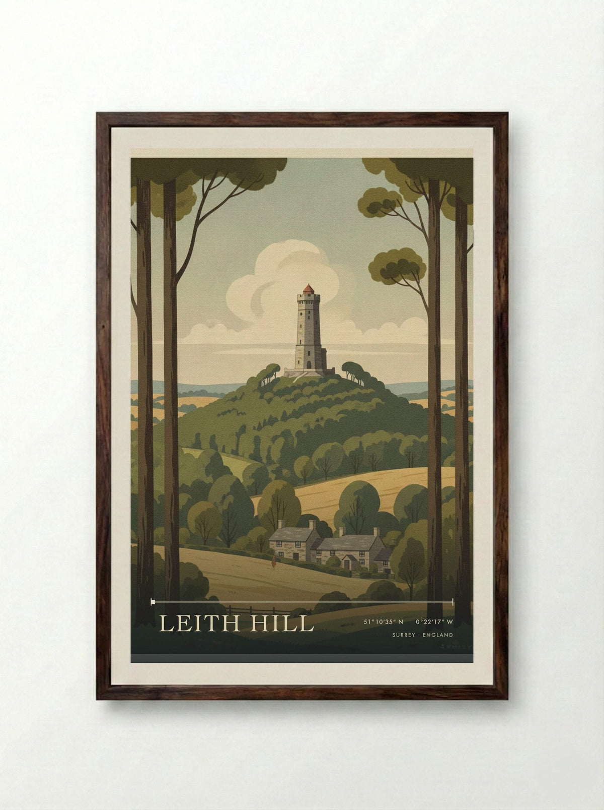 Leith Hill Surrey England Travel Poster - Framed Print Dark Wood