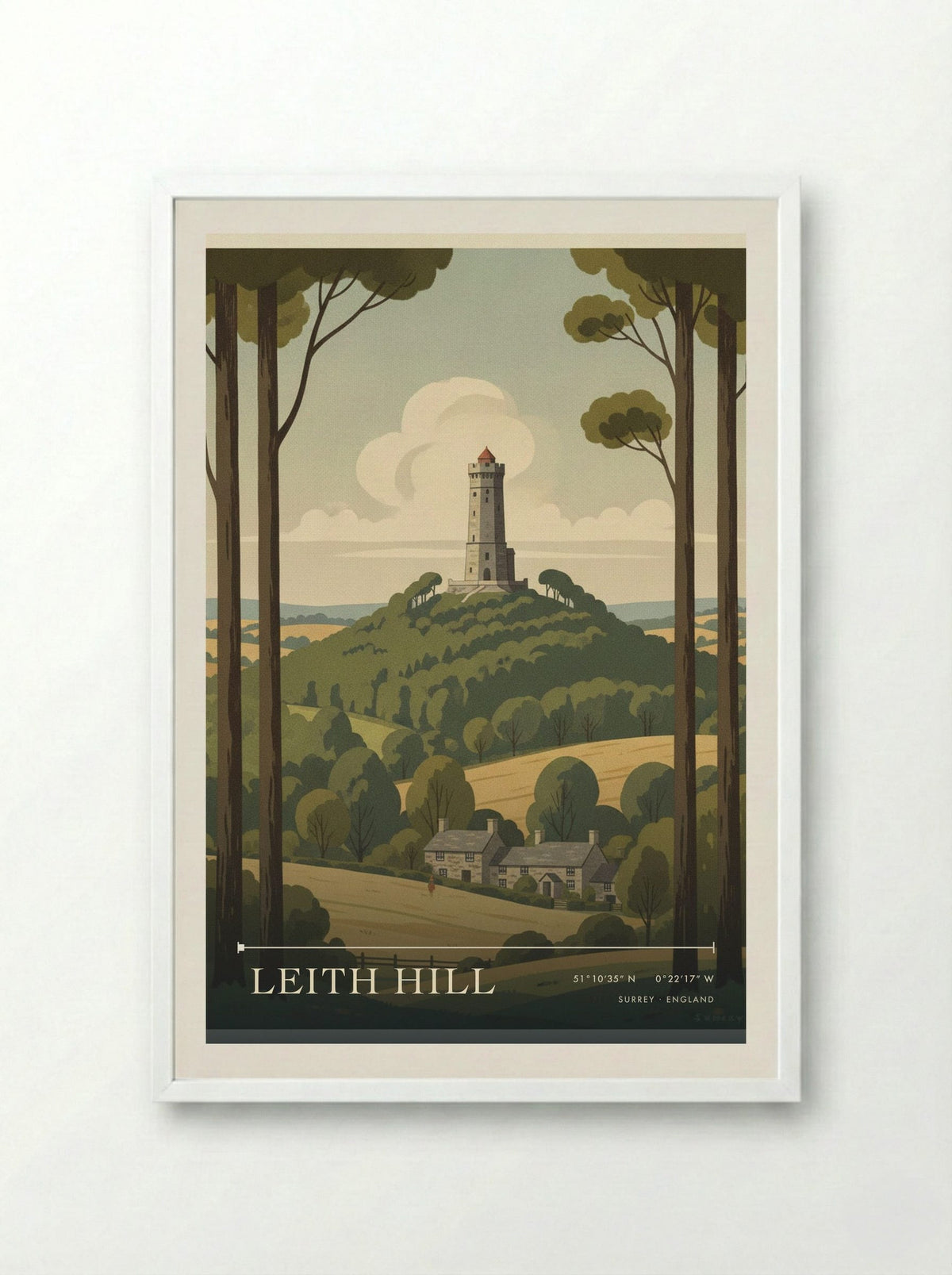 Leith Hill Surrey England Travel Poster - Framed Print White