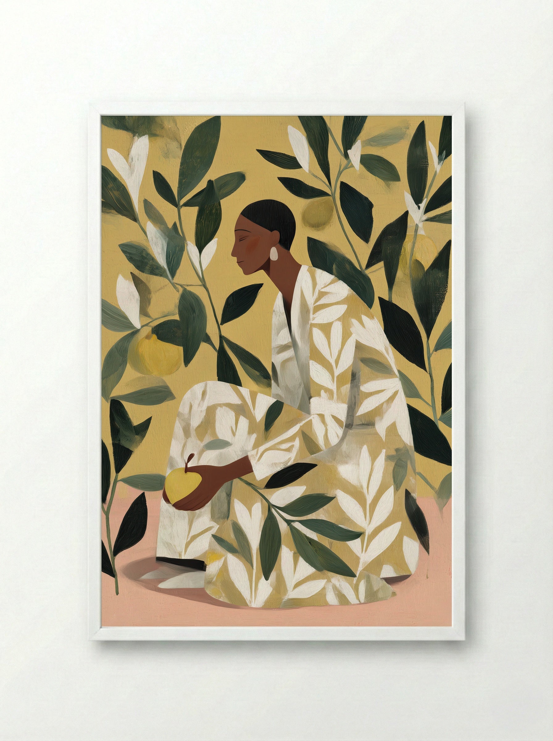 Lemon Garden Figure Modern Botanical Art Print - Framed Print White