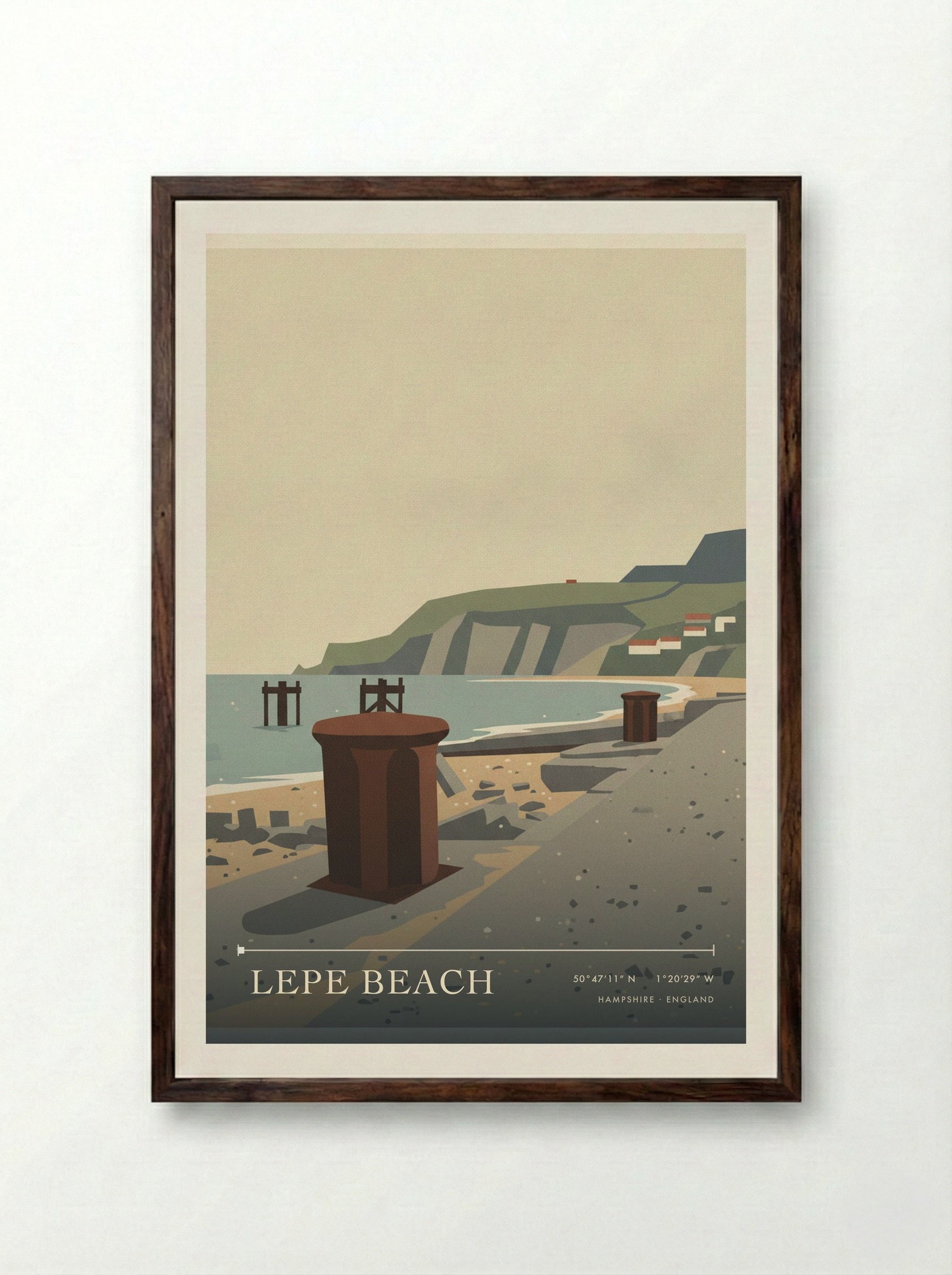 Lepe Beach Hampshire England Travel Poster - Framed Print Dark Wood
