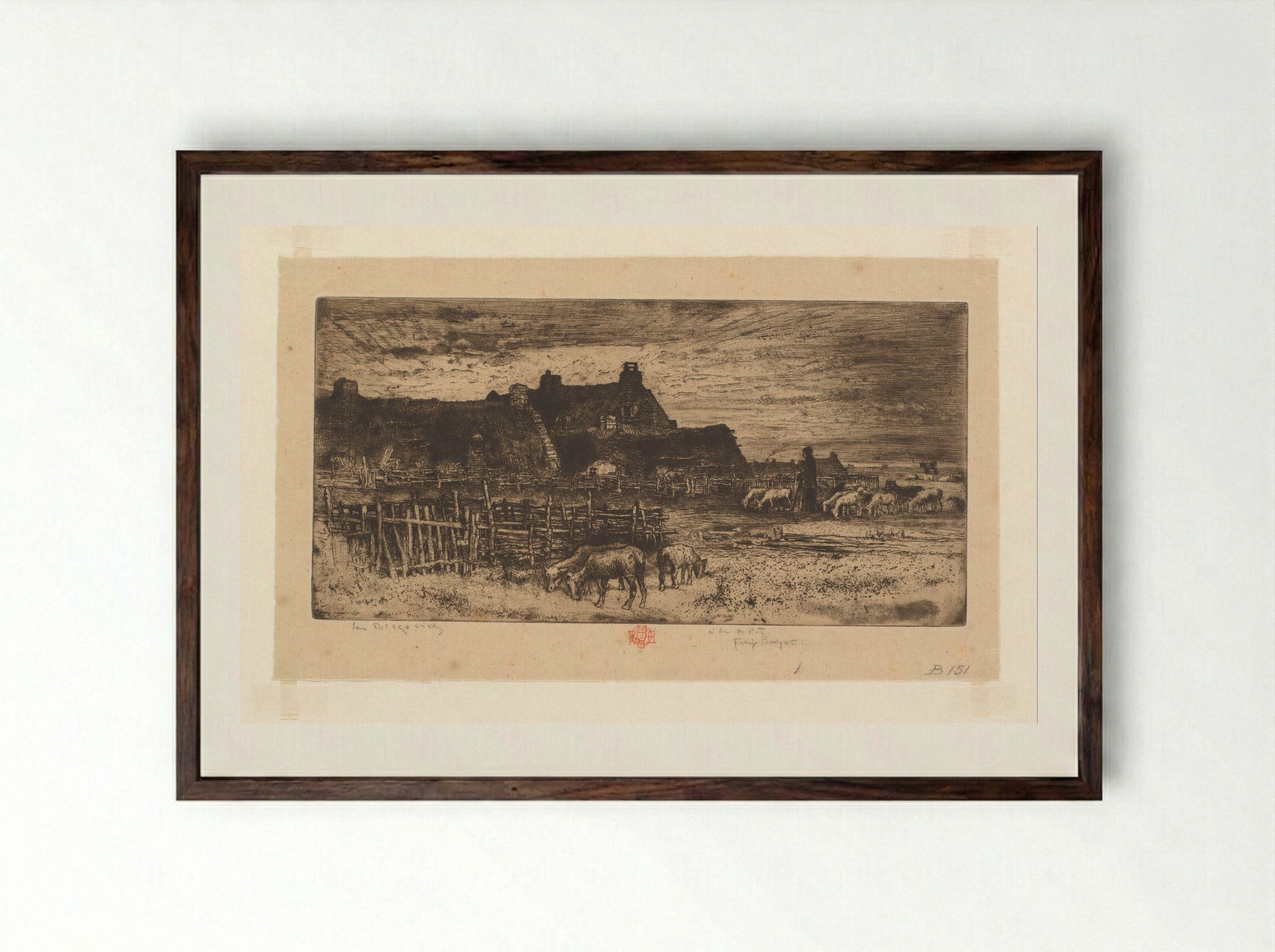 Les Bergeries - Félix Hilaire Buhot - Framed Print Dark Wood