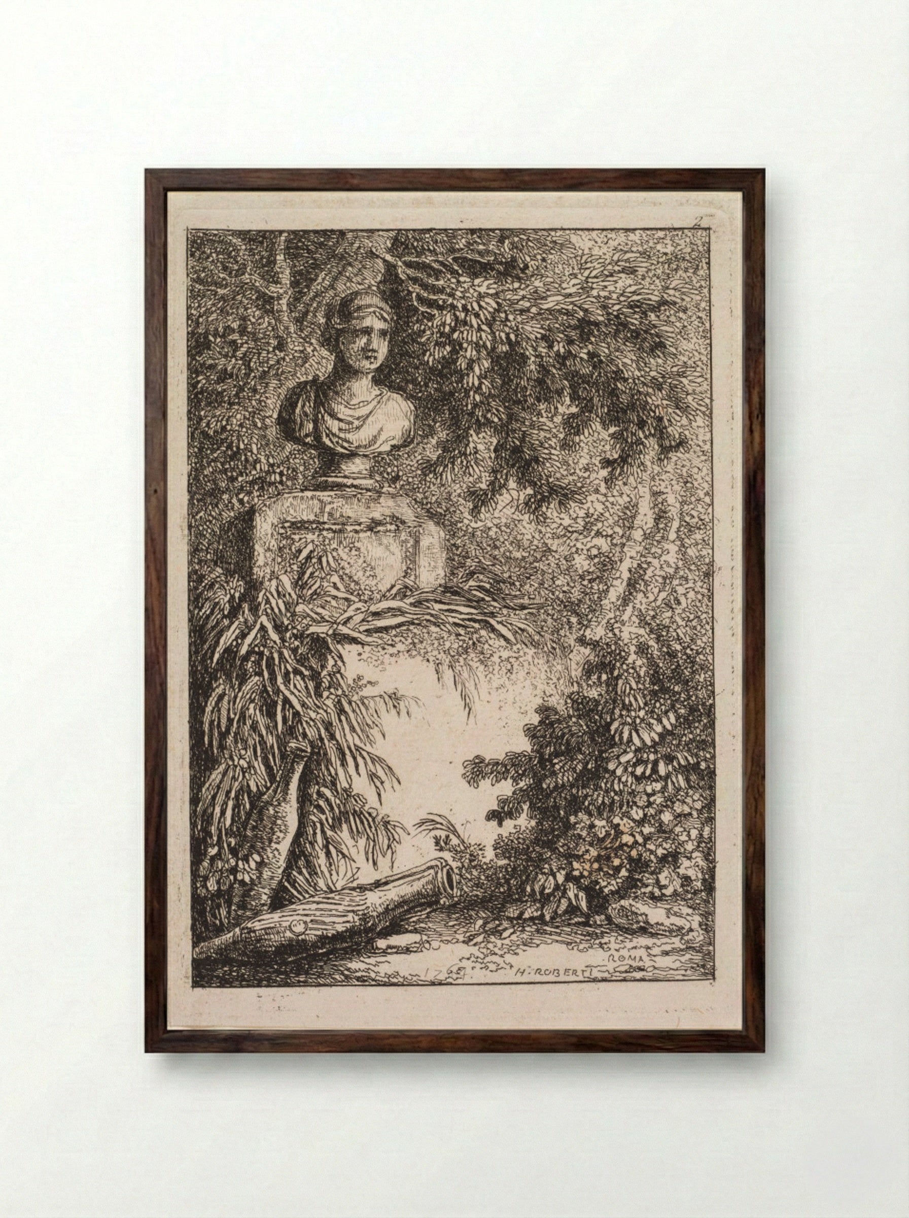 Les Soirées de Rome: Le Buste - Hubert Robert - Framed Print Dark Wood