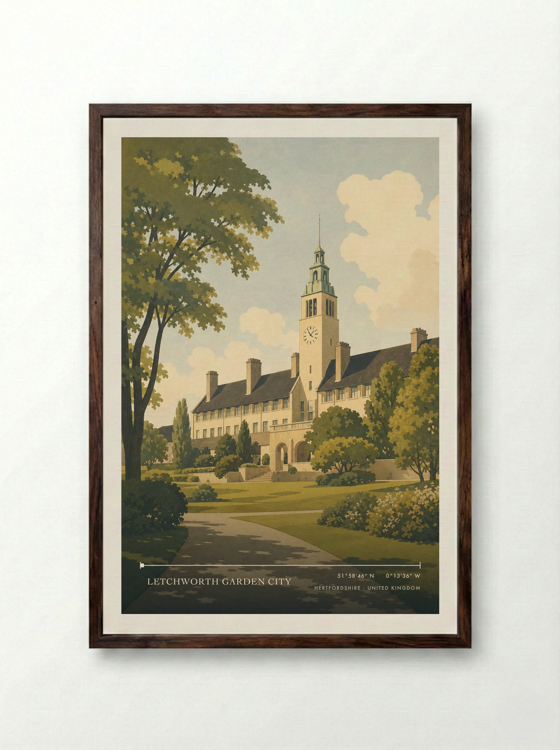 Letchworth Garden City Hertfordshire United Kingdom Travel Poster - Framed Print Dark Wood