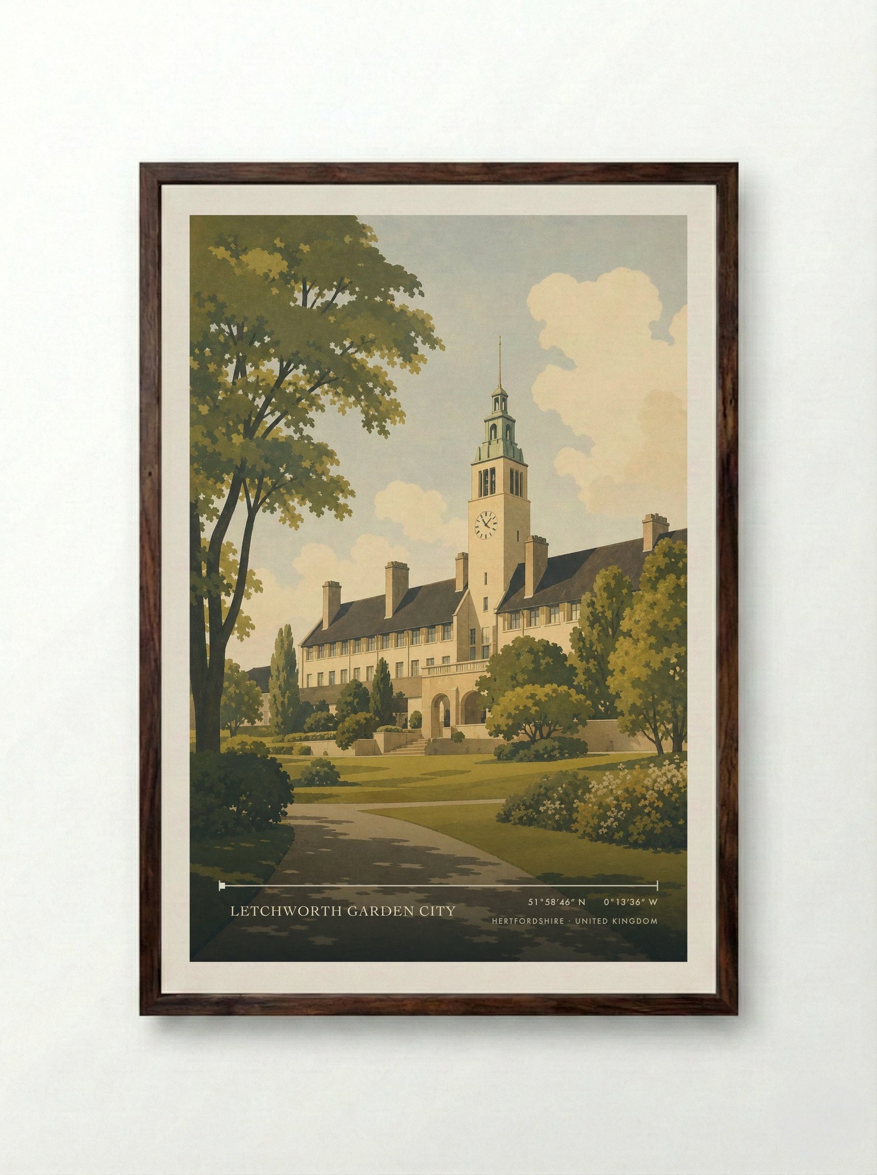 Letchworth Garden City Hertfordshire United Kingdom Travel Poster - Framed Print Dark Wood