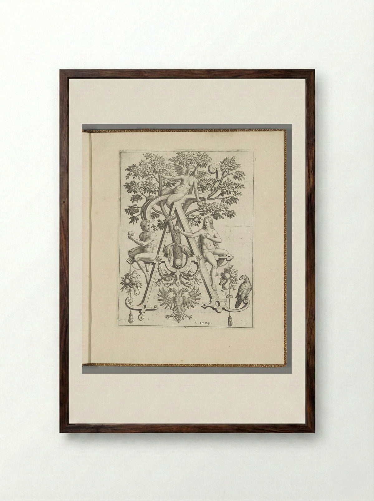 Letter A with Adam and Eve - Johann Israel de Bry - Framed Print Dark Wood