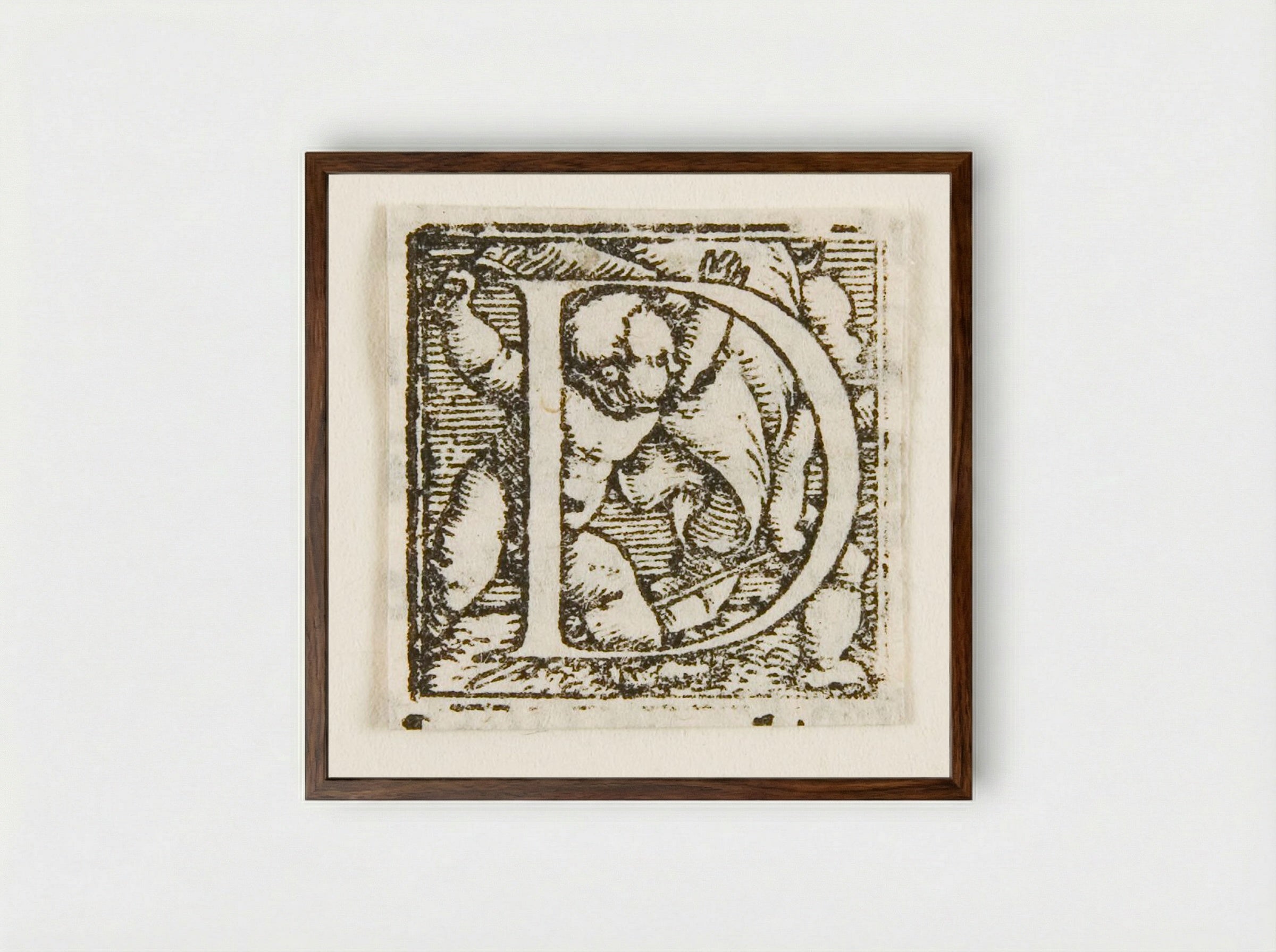 Letter D: Two Babies, One with a Banner the Other with a Staff - Hans Holbein the Younger - Framed Print Dark Wood