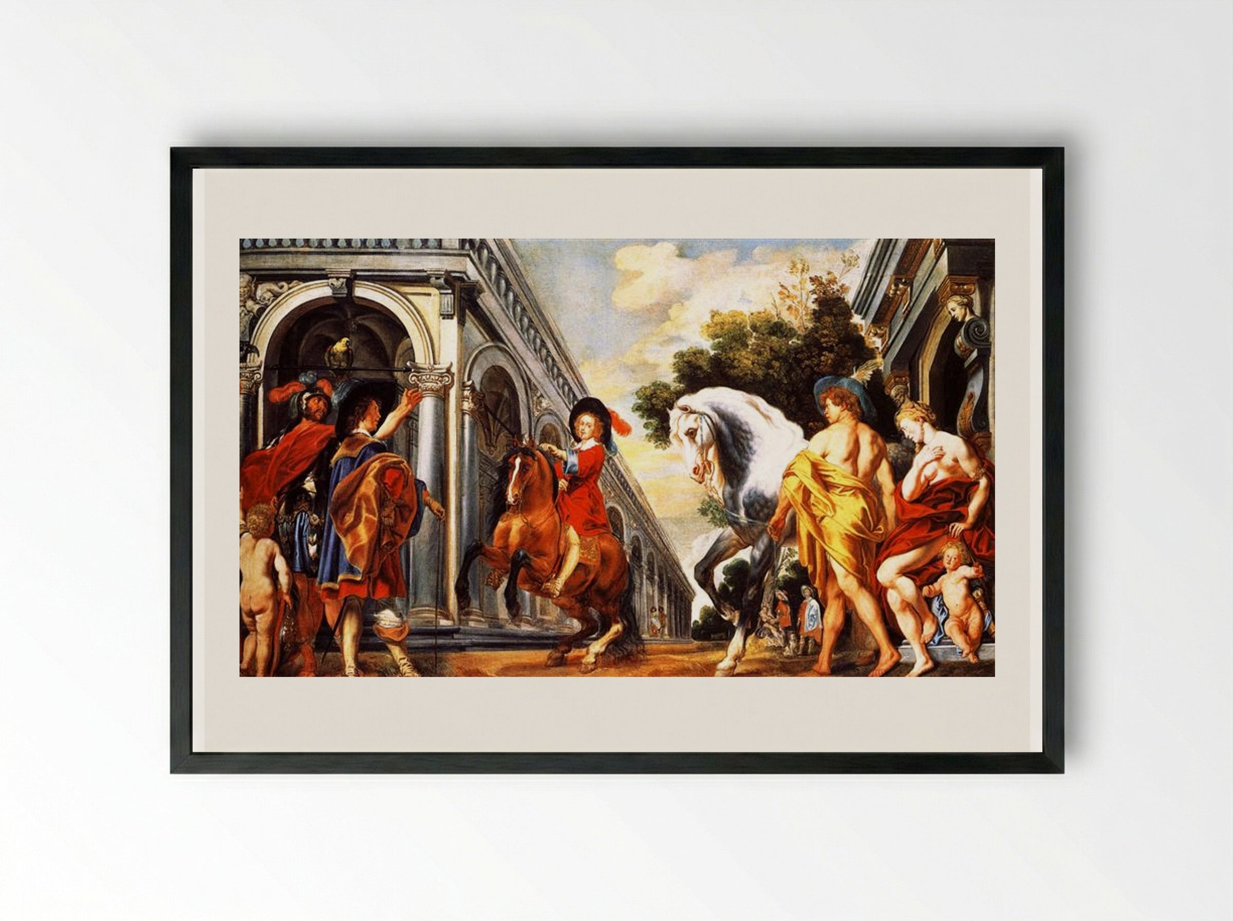 Levade performed under the auspices of Mars and in the presence of Mercury, Venus and a squire - Jacob Jordaens - Framed Print Black