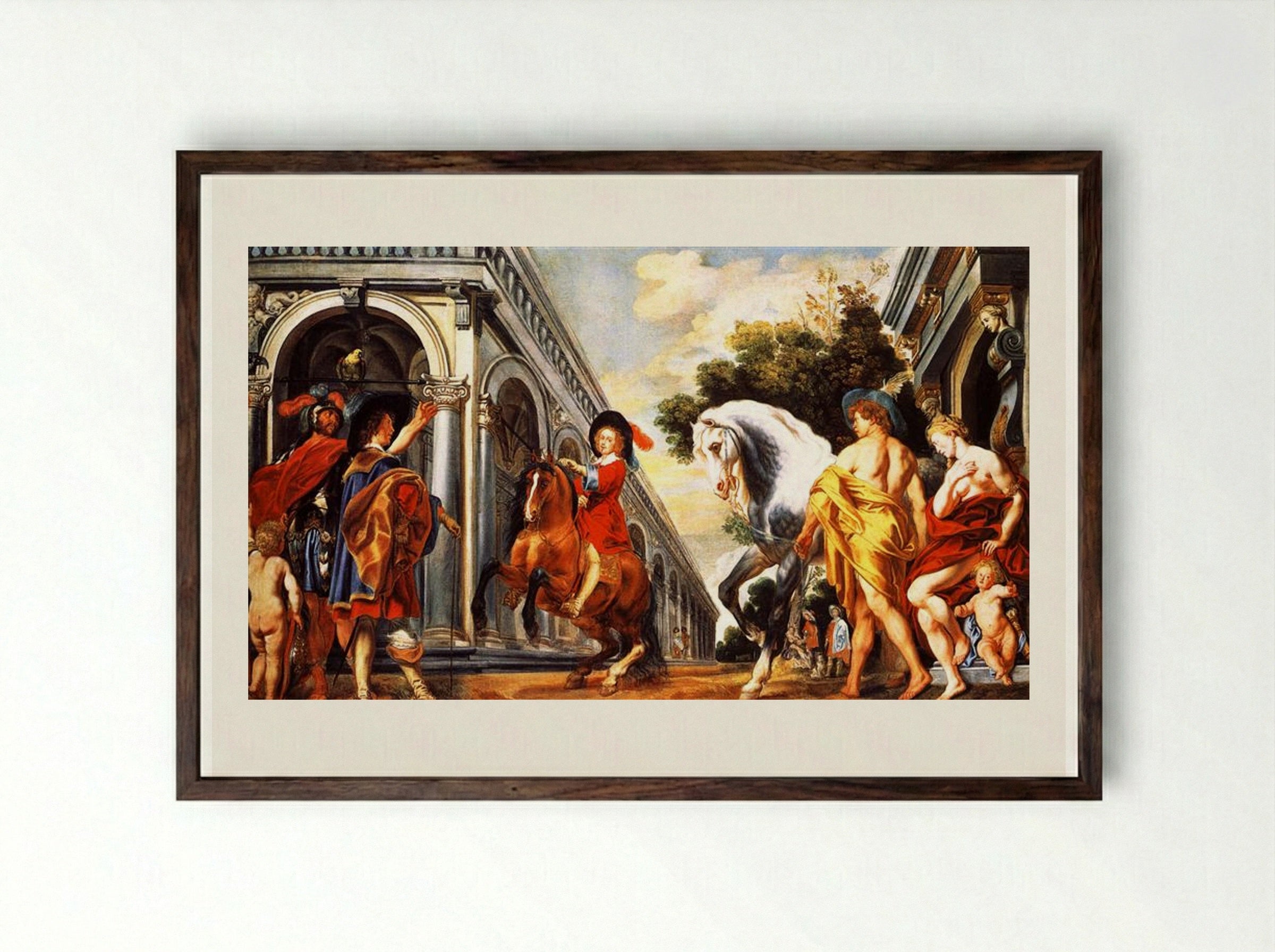 Levade performed under the auspices of Mars and in the presence of Mercury, Venus and a squire - Jacob Jordaens - Framed Print Dark Wood