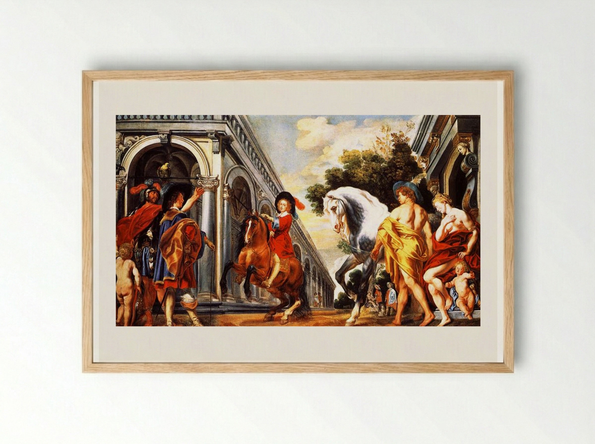 Levade performed under the auspices of Mars and in the presence of Mercury, Venus and a squire - Jacob Jordaens - Framed Print Wood