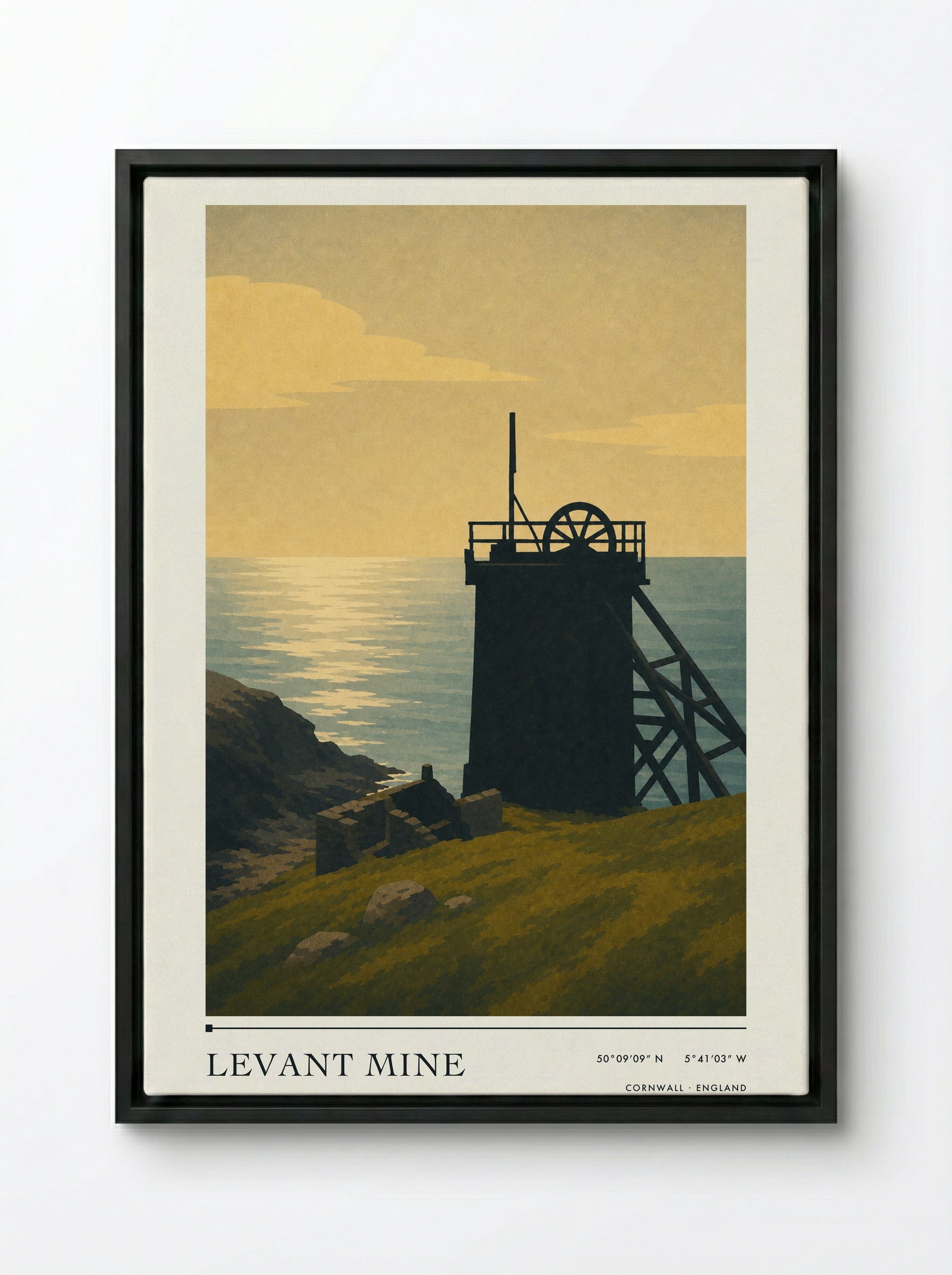Levant Mine Cornwall England Travel Poster - Framed Canvas Black