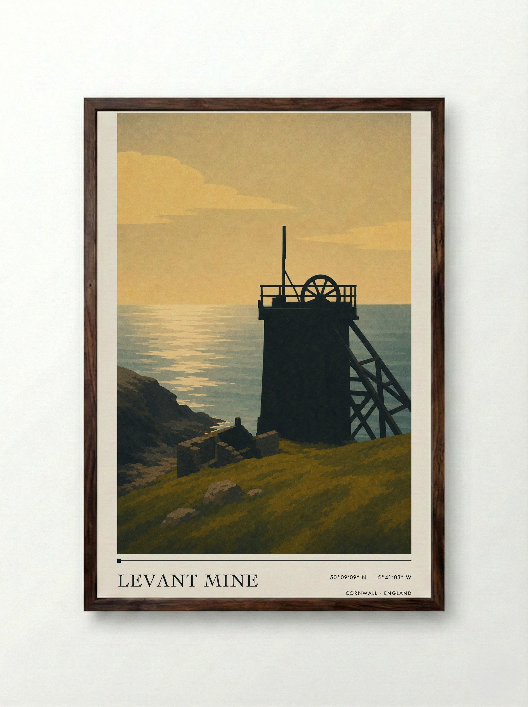 Levant Mine Cornwall England Travel Poster - Framed Print Dark Wood