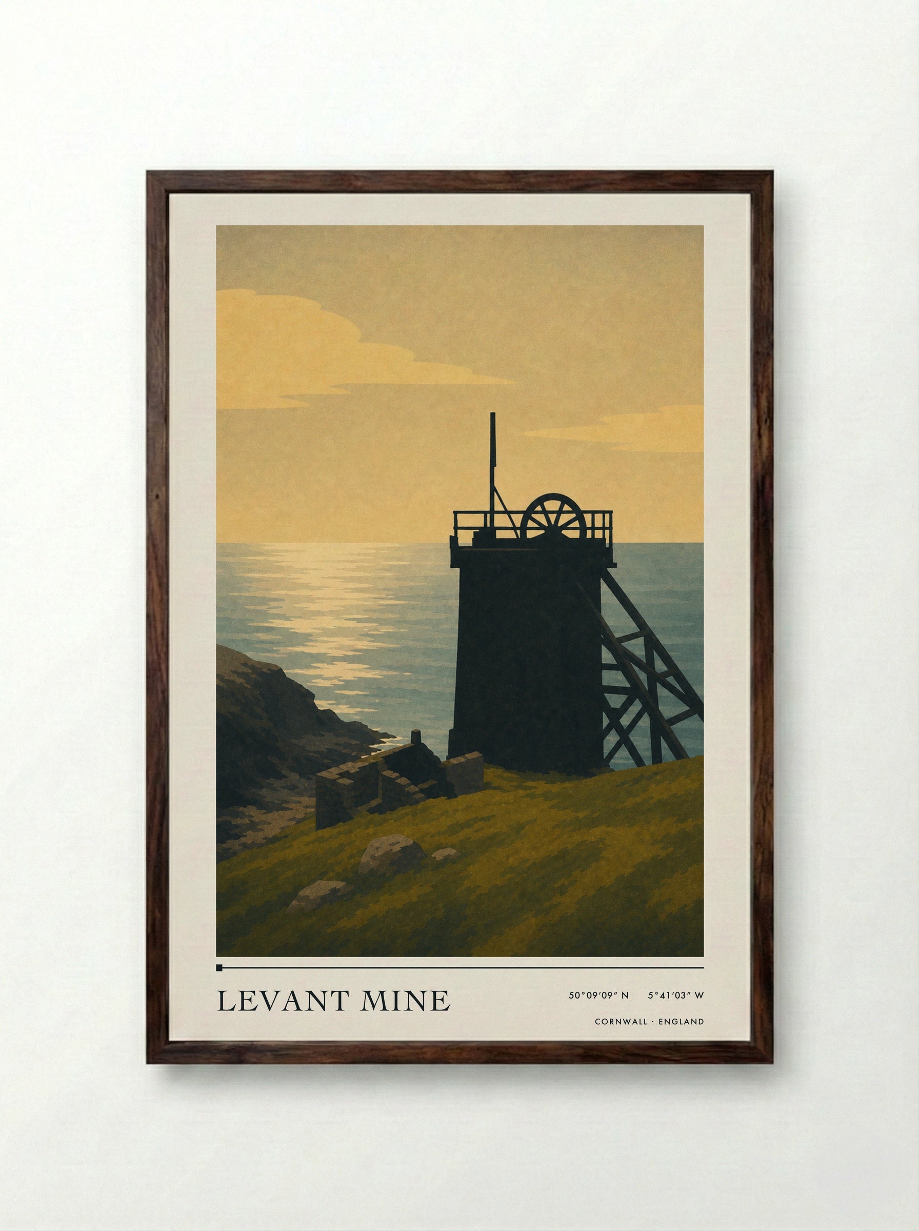 Levant Mine Cornwall England Travel Poster - Framed Print Dark Wood