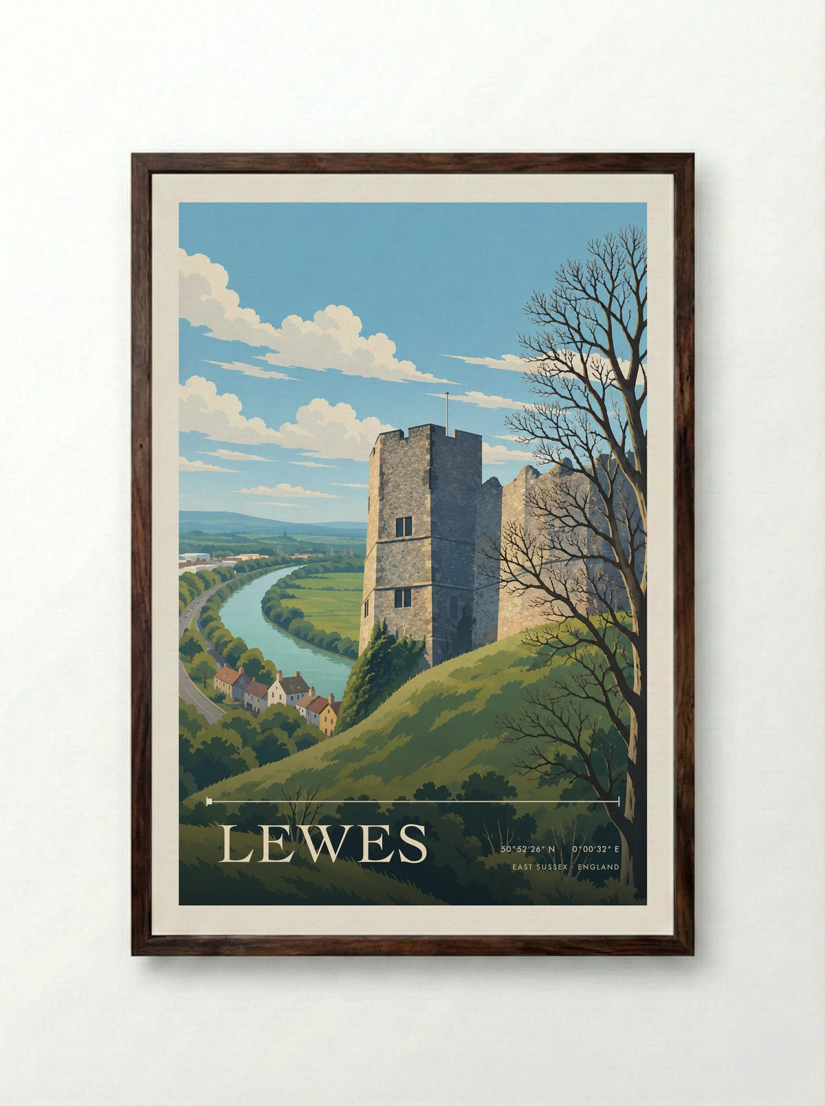 Lewes, East Sussex | Travel Poster - Framed Print Dark Wood