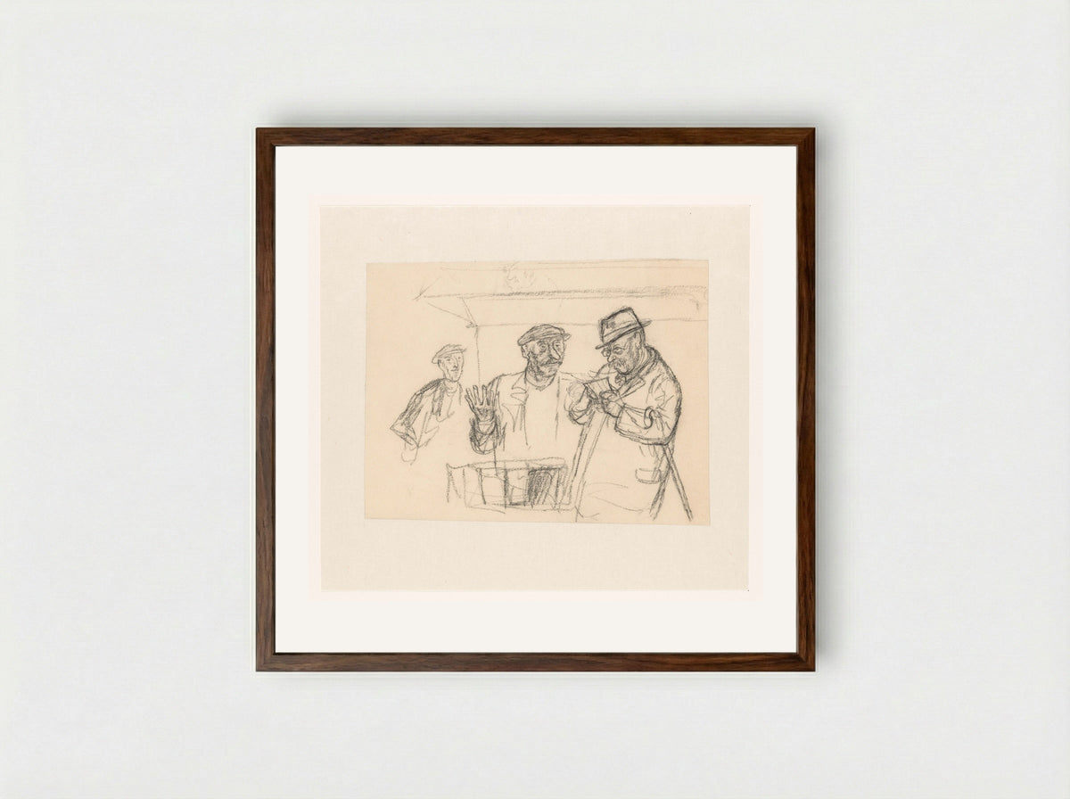 Lezende man en boekverkoper bij een boekenstal - Henk Henriët - Framed Print Dark Wood