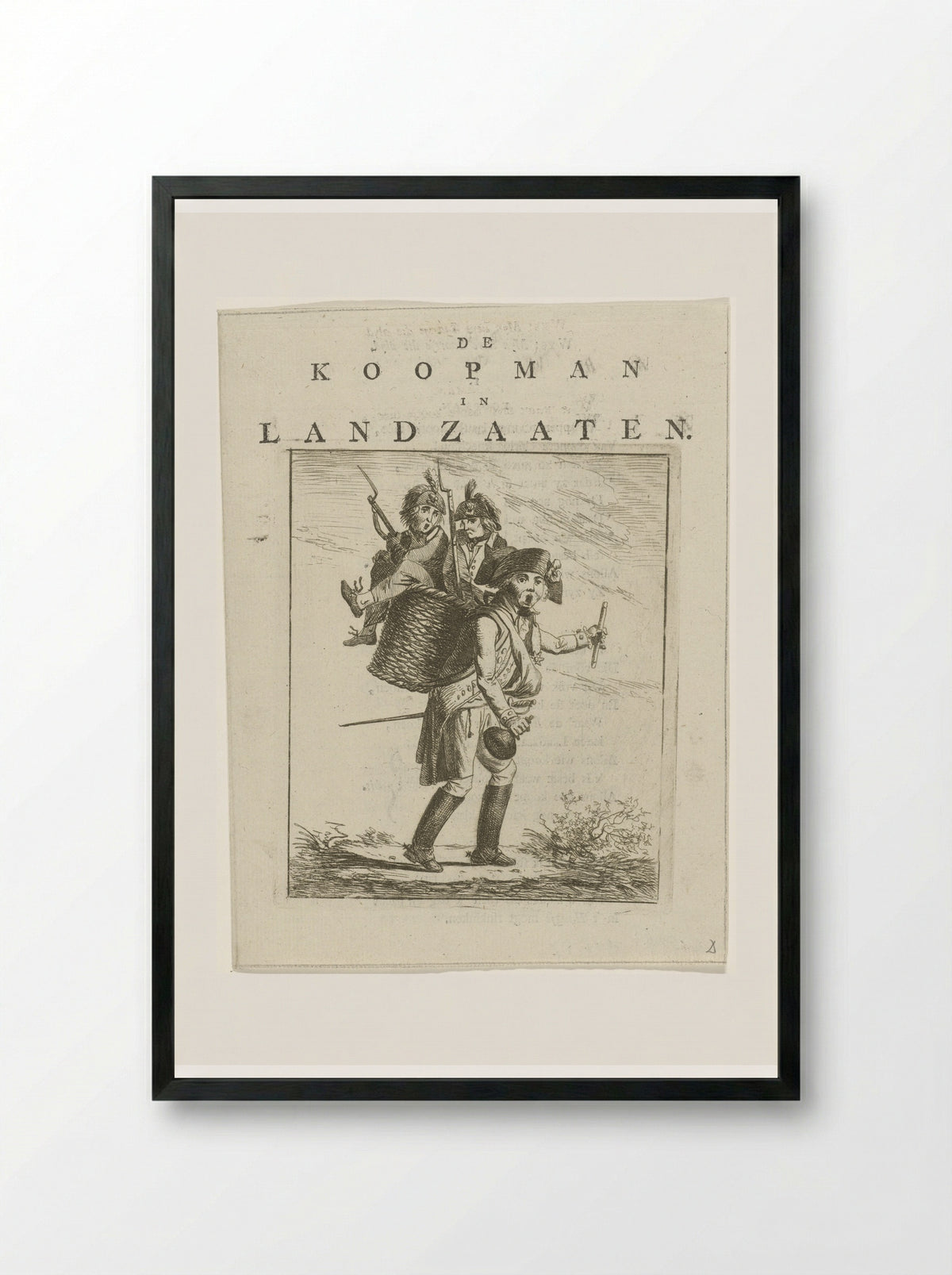 Liedblad en spotprent met soldaten - Hermanus Fock - Framed Print Black