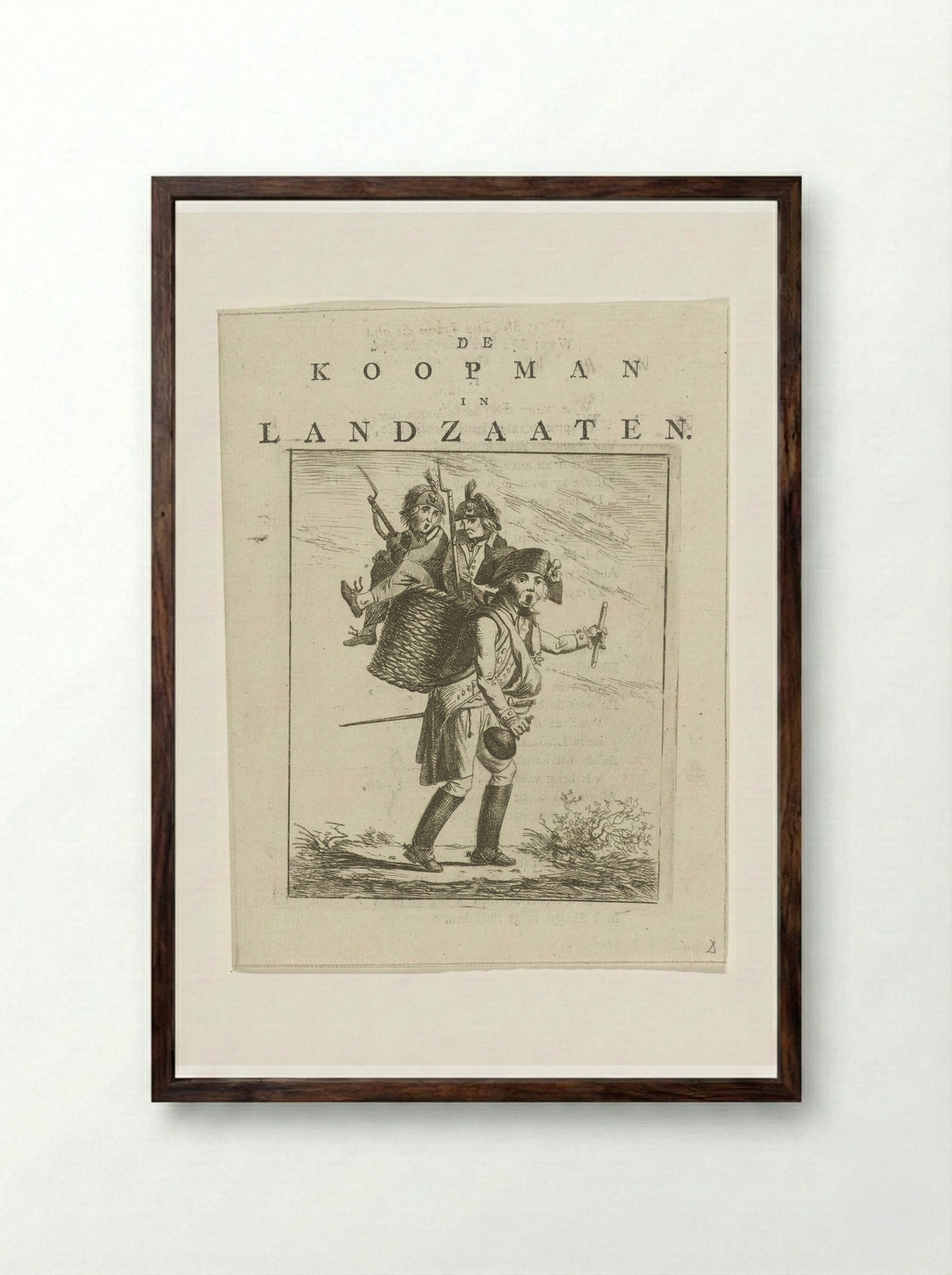 Liedblad en spotprent met soldaten - Hermanus Fock - Framed Print Dark Wood