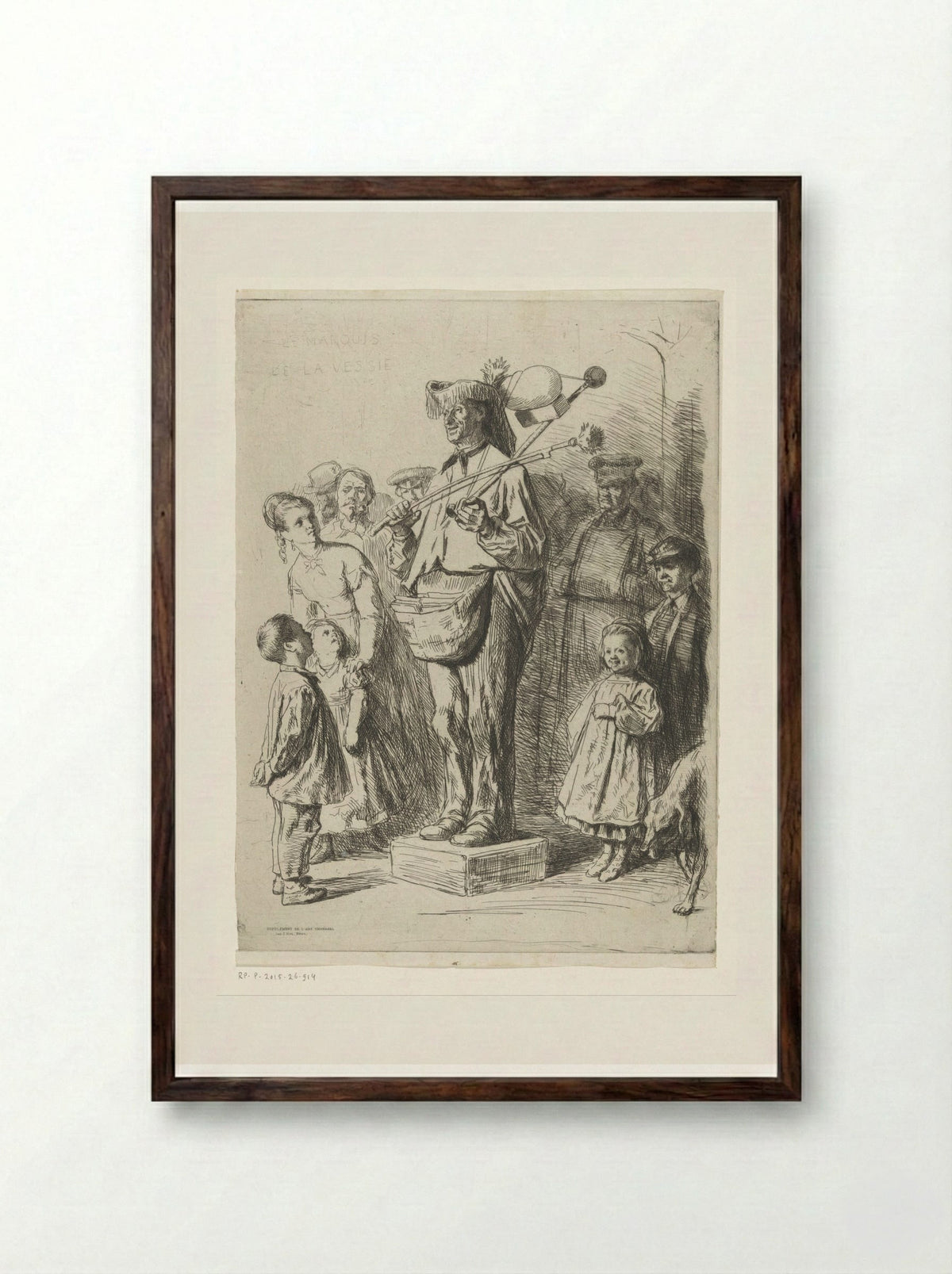 Liedjeszanger omringd door kinderen en volwassenen - Léopold Flameng - Framed Print Dark Wood
