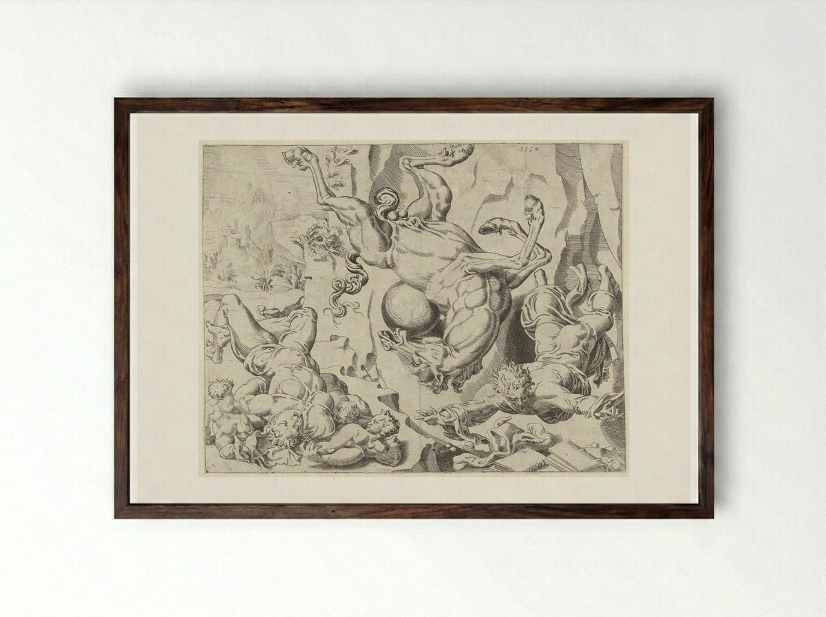 Liefde en Kennis gaan samen met de wereld ten gronde - Dirck Volckertsz. Coornhert - Framed Print Dark Wood