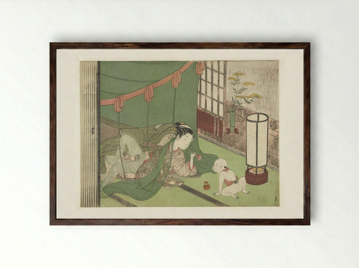 Liefdespaar en kind - Suzuki Harunobu - Framed Print Dark Wood