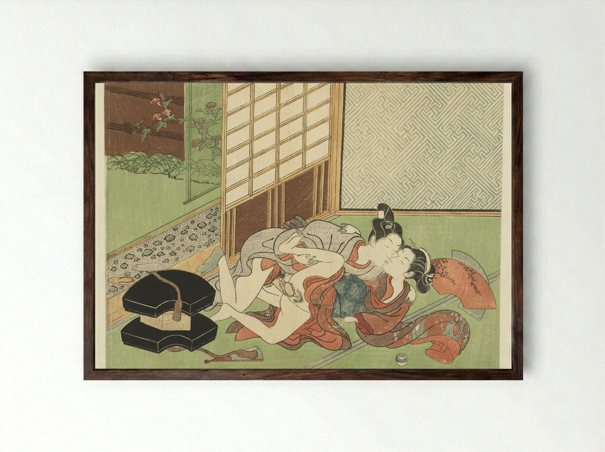 Liefdespaar op tatamimatten - Suzuki Harunobu - Framed Print Dark Wood