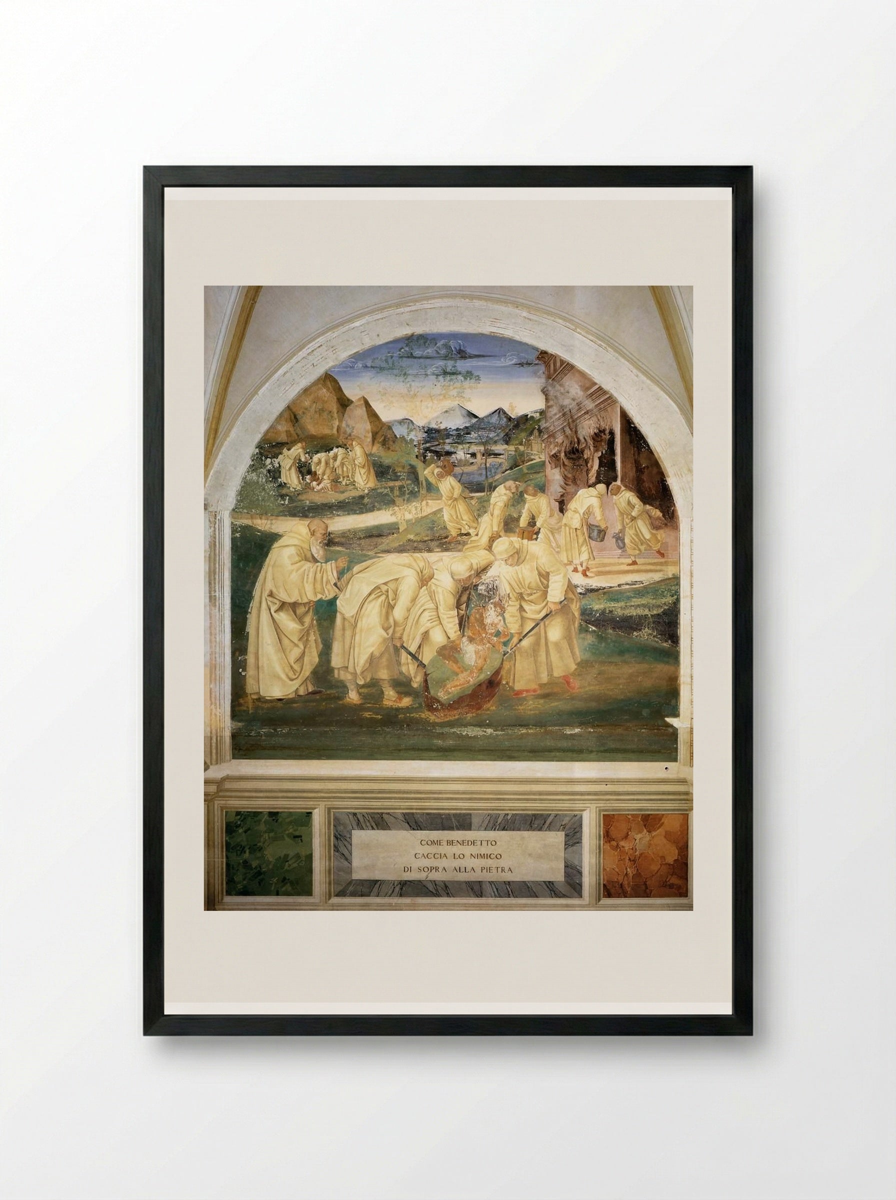 Life of St. Benedict: Benedict Drives the Devil out of a Stone - Luca Signorelli - Framed Print Black