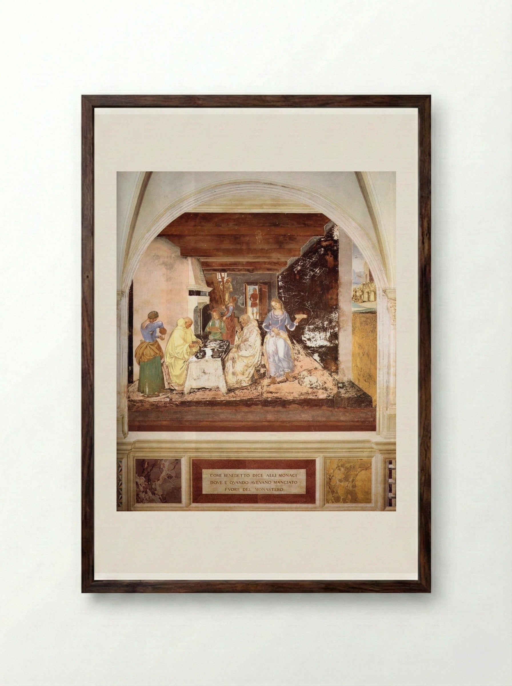 Life of St. Benedict: Benedict Tells Two Monks What They Have Eaten - Luca Signorelli - Framed Print Dark Wood