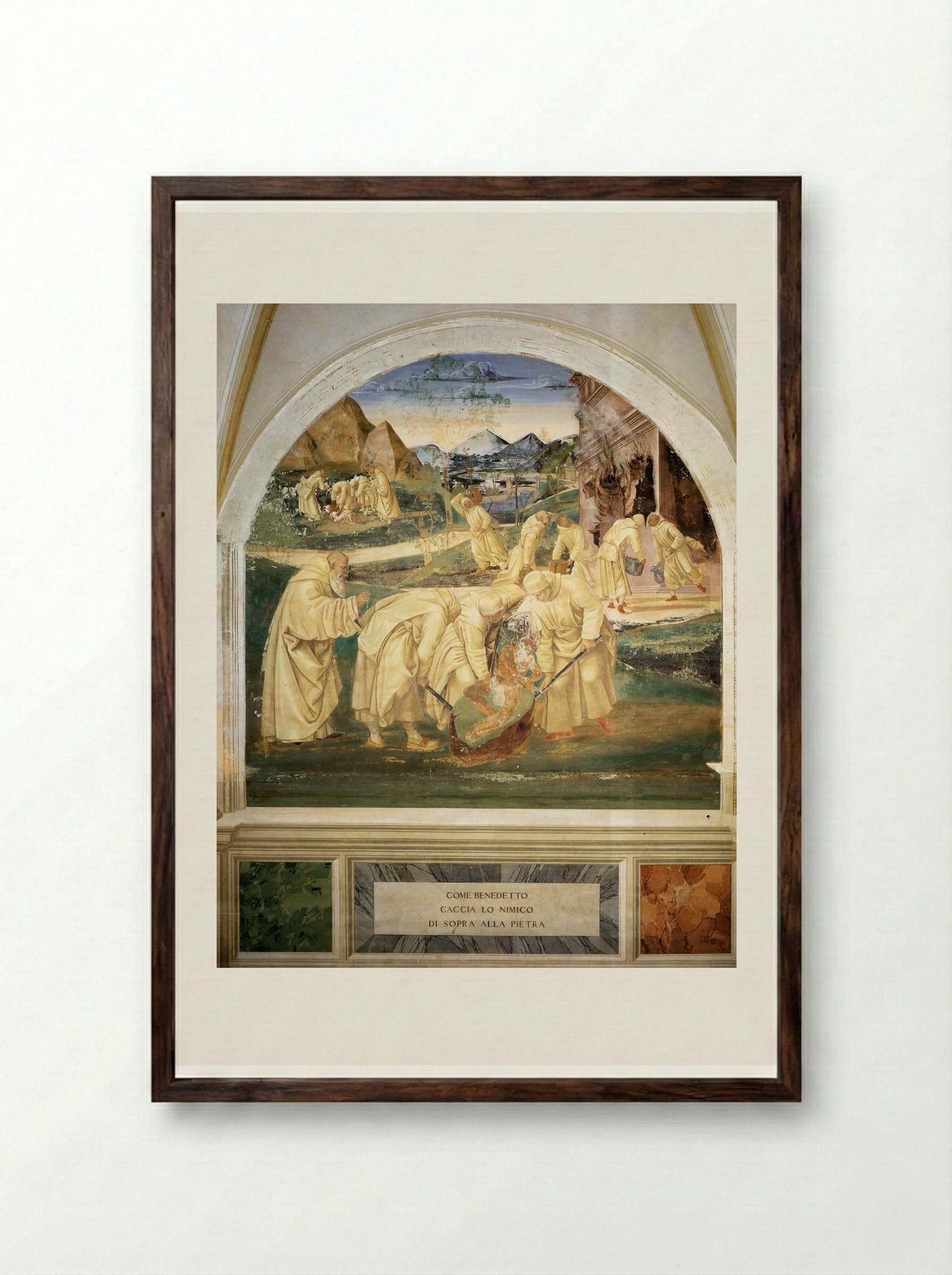 Life of St. Benedict: Benedict Drives the Devil out of a Stone - Luca Signorelli - Framed Print Dark Wood