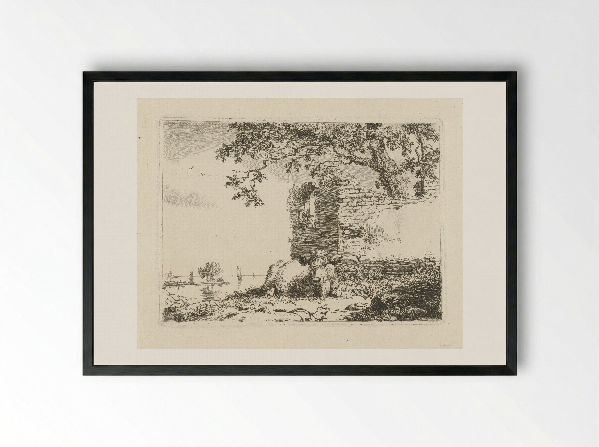 Liggend kalf voor een ruïne - Pieter Gerardus van Os - Framed Print Black