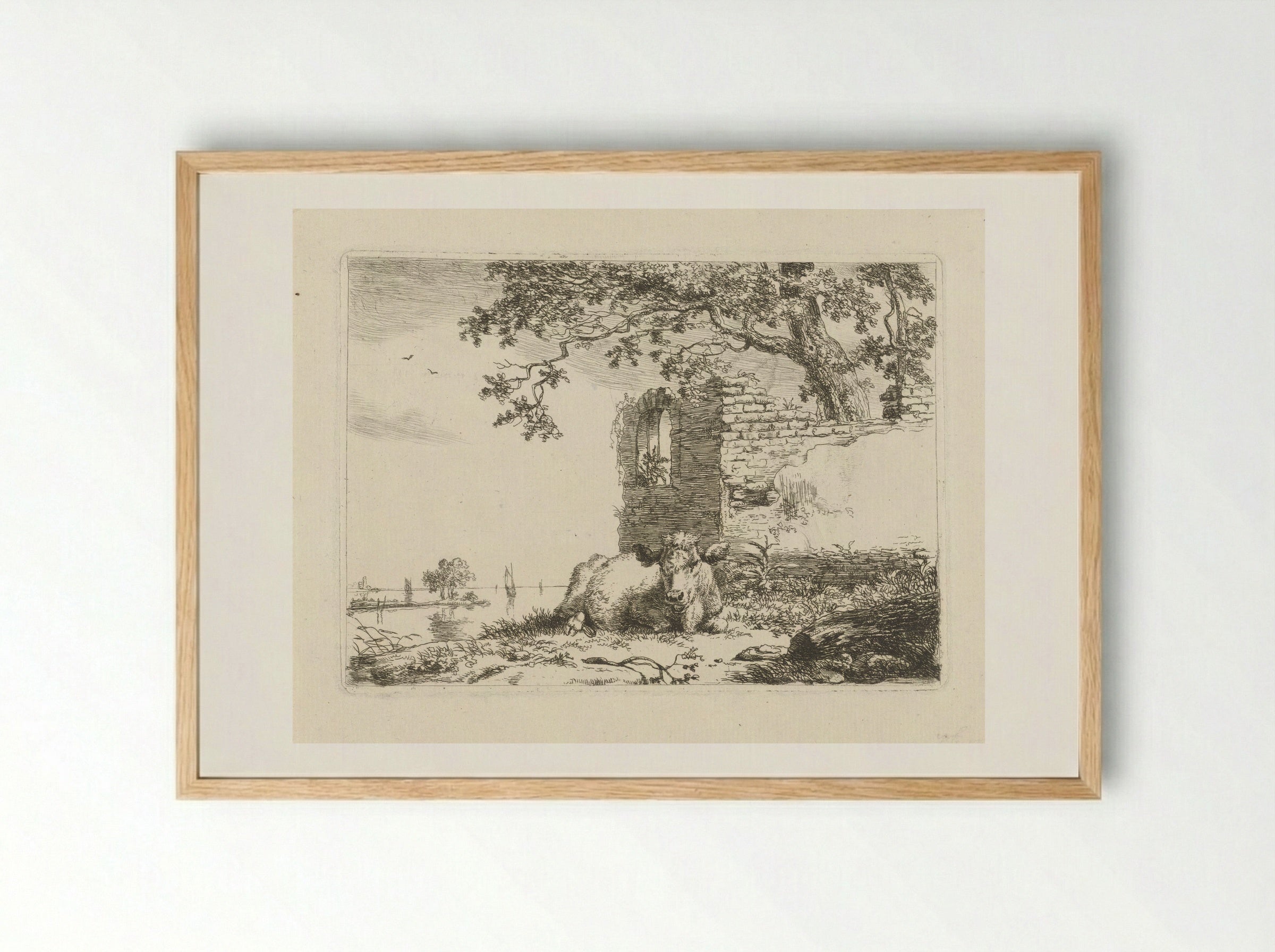 Liggend kalf voor een ruïne - Pieter Gerardus van Os - Framed Print Wood