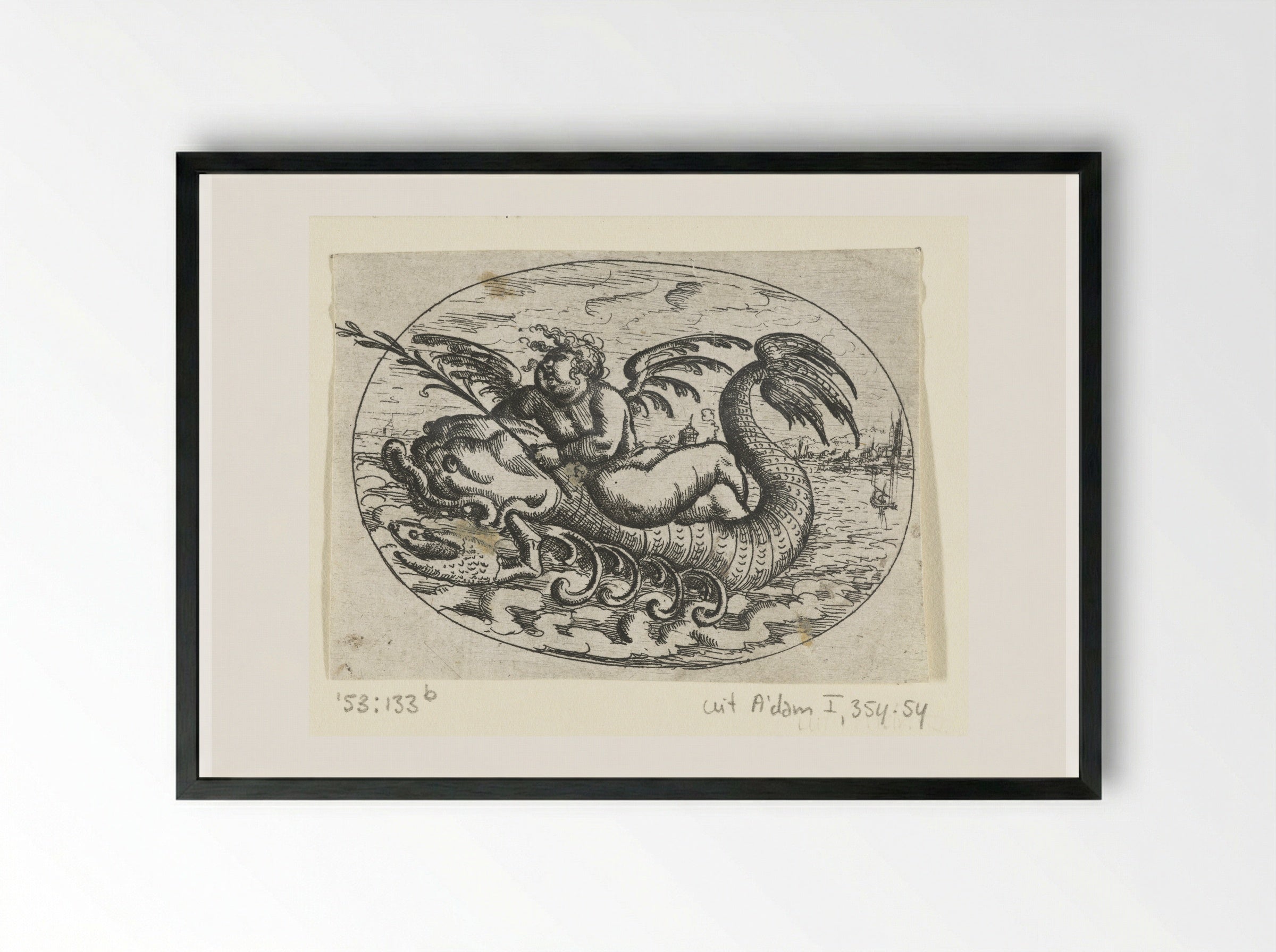 Liggend ovaal met putto op zeewezen - Christoph Jamnitzer - Framed Print Black