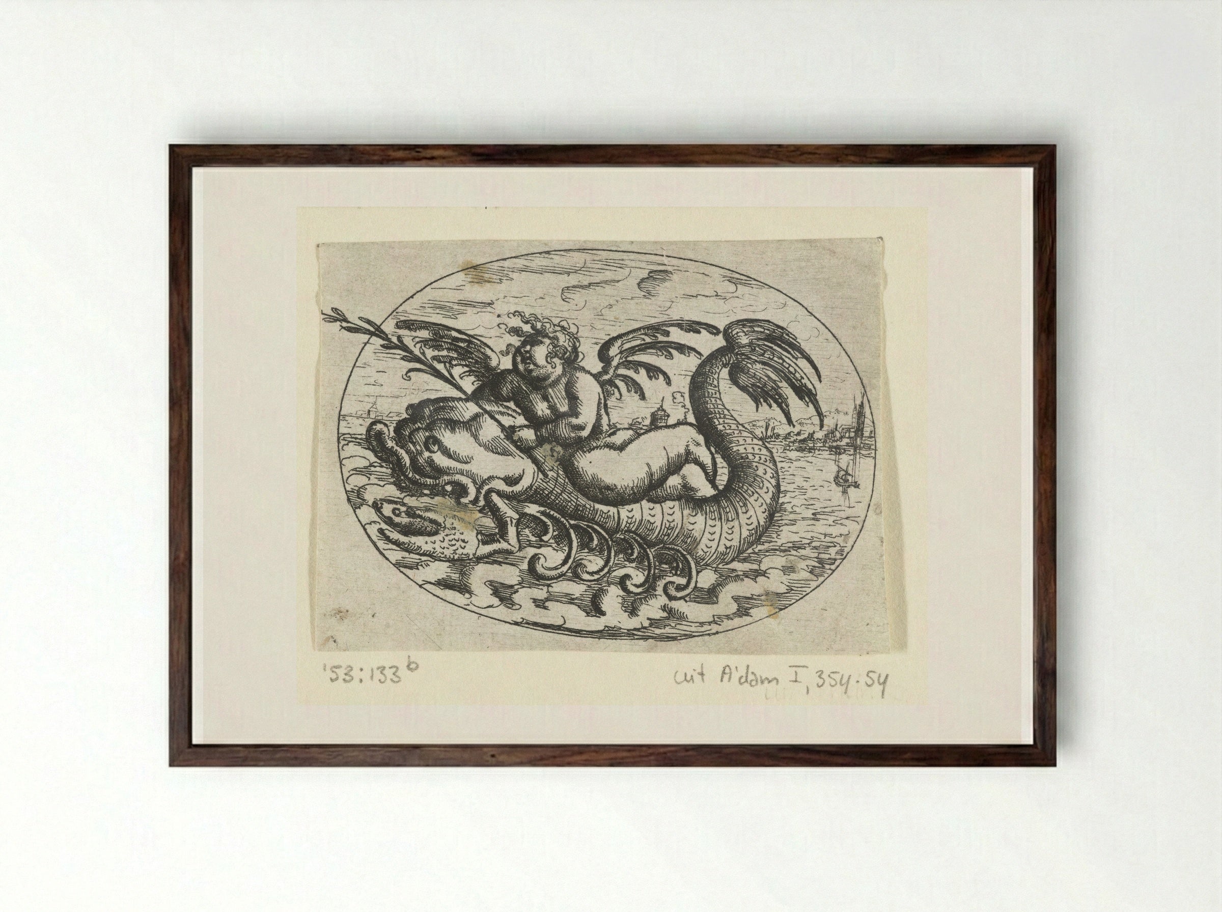 Liggend ovaal met putto op zeewezen - Christoph Jamnitzer - Framed Print Dark Wood