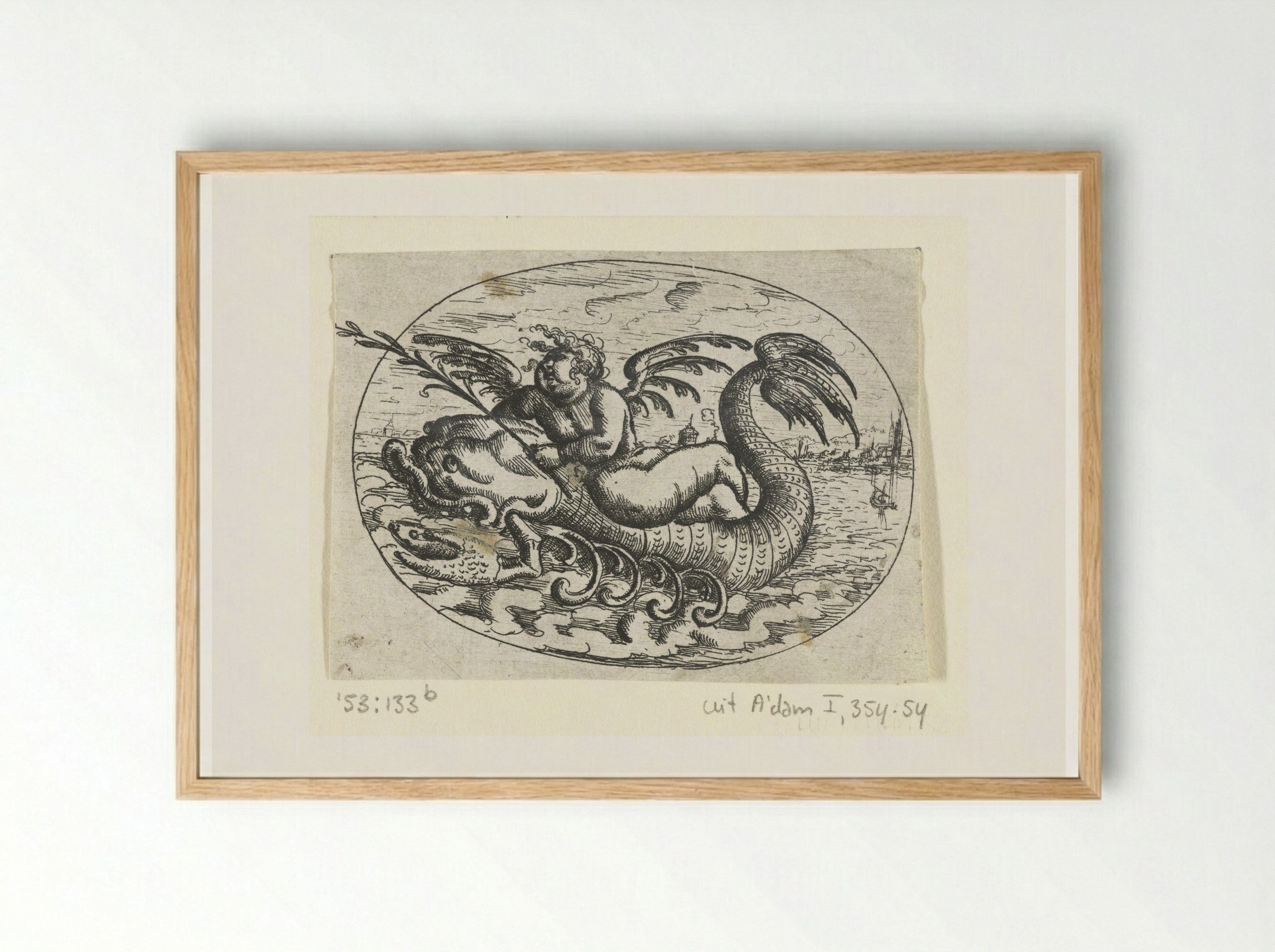 Liggend ovaal met putto op zeewezen - Christoph Jamnitzer - Framed Print Wood