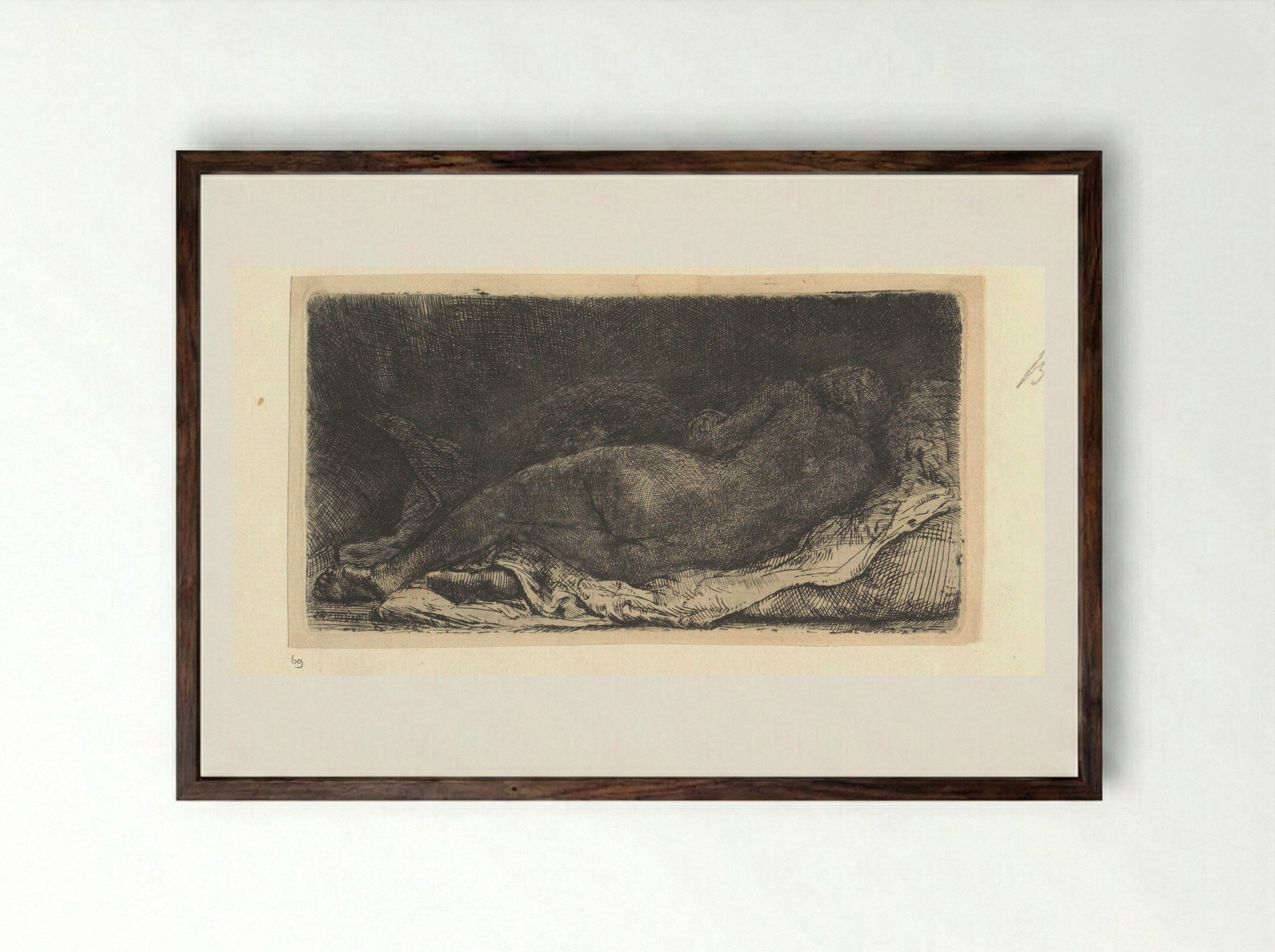 Liggend vrouwelijk naakt (Reclining Female Nude) - Henry Louis Basan - Framed Print Dark Wood