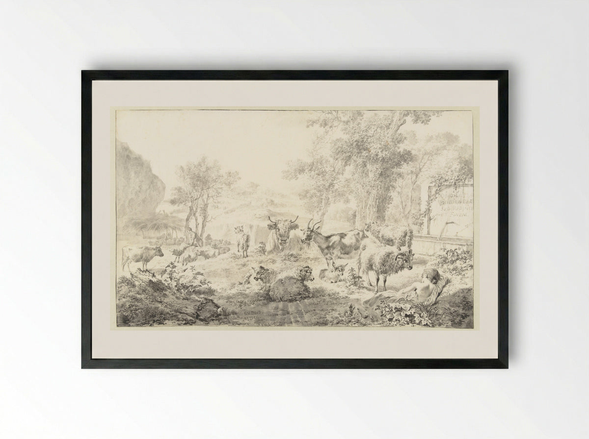 Liggende herderin met een kudde schapen en geiten - Simon van der Does - Framed Print Black