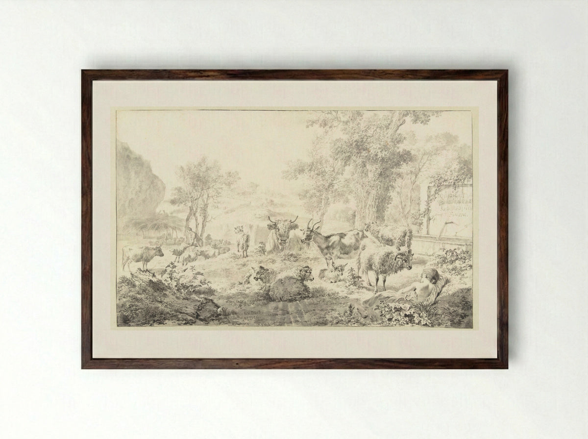 Liggende herderin met een kudde schapen en geiten - Simon van der Does - Framed Print Dark Wood