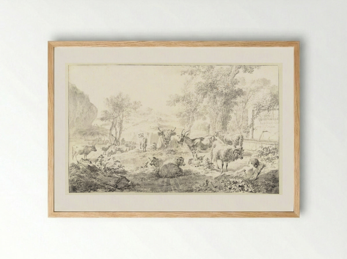 Liggende herderin met een kudde schapen en geiten - Simon van der Does - Framed Print Wood