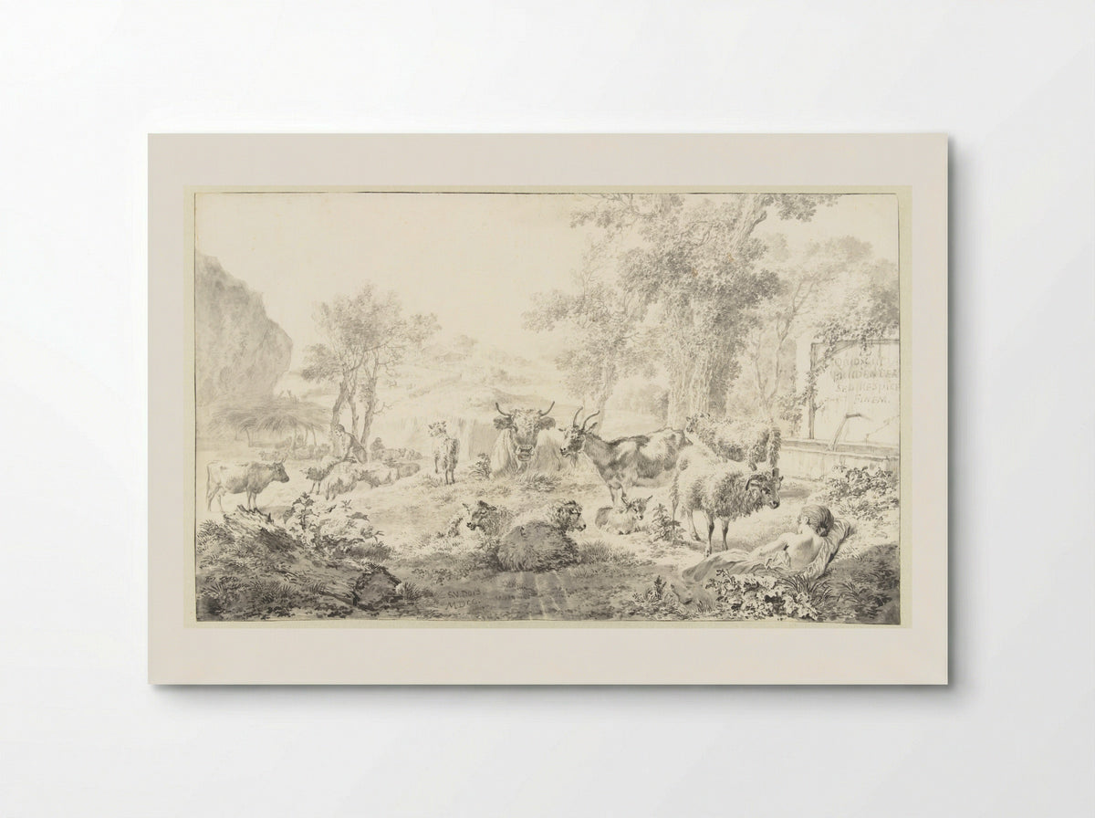 Liggende herderin met een kudde schapen en geiten - Simon van der Does - Poster