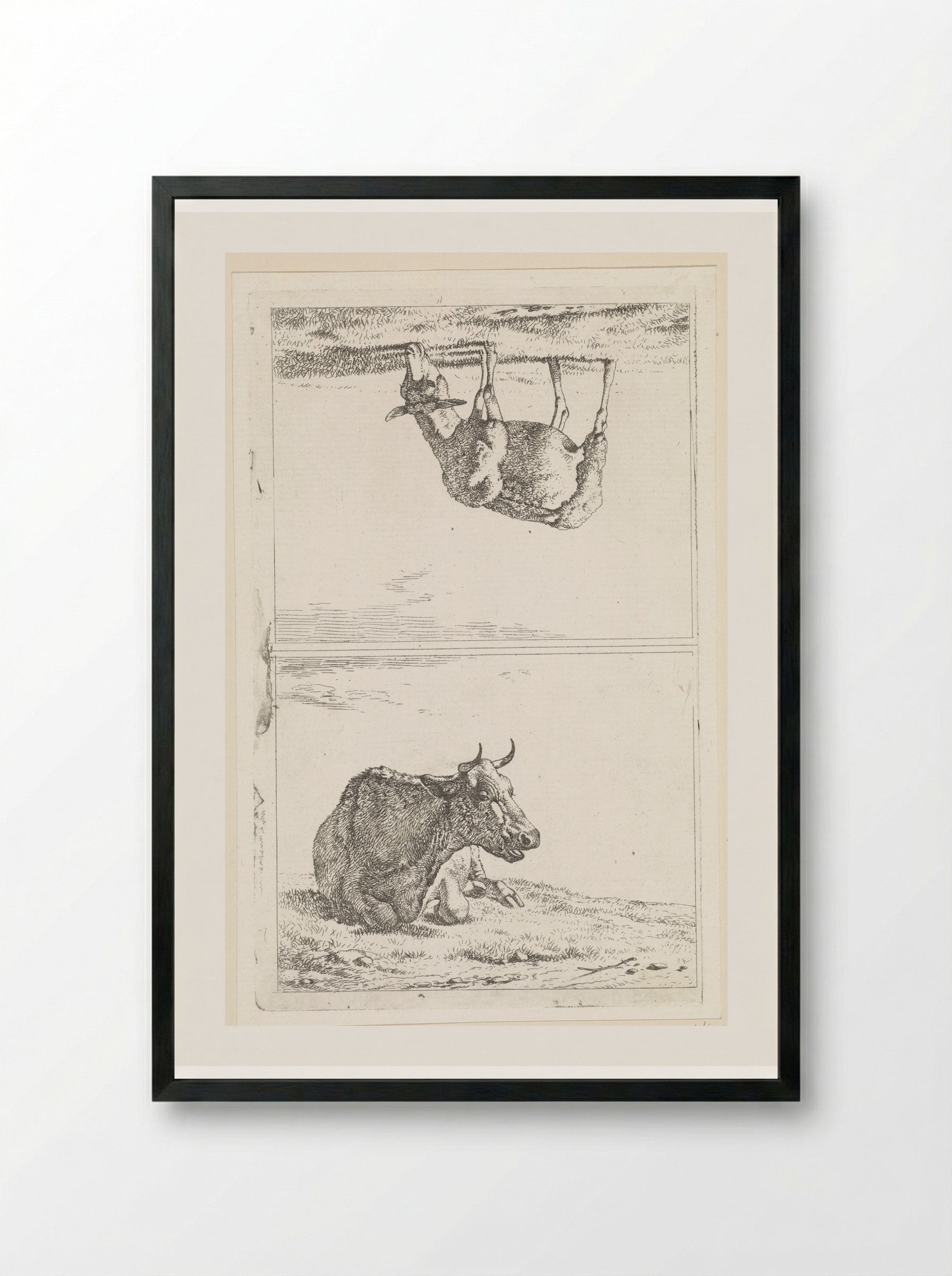 Liggende koe / Grazend schaap naar rechts - Wouter Johannes van Troostwijk - Framed Print Black