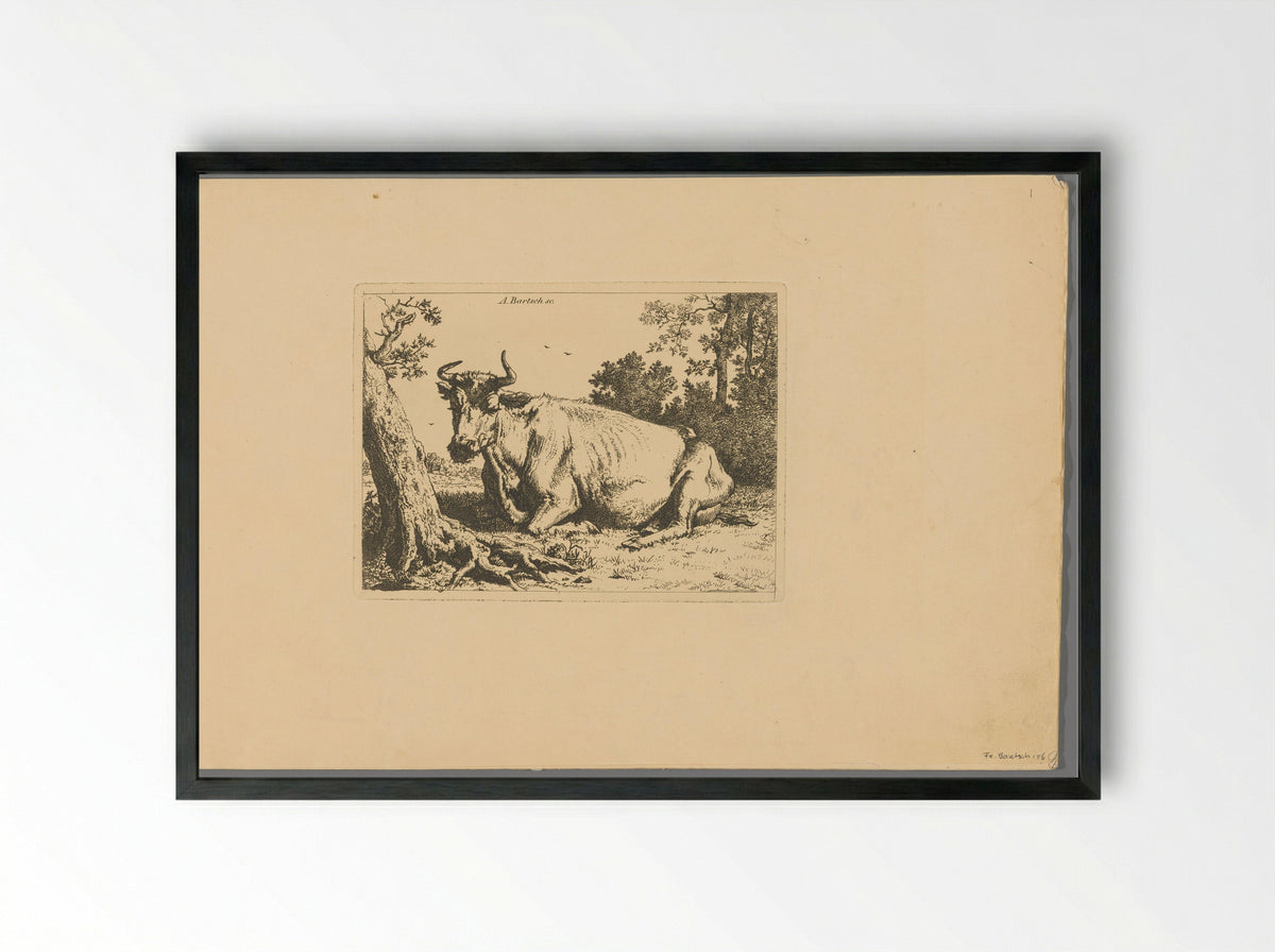 Liggende koe bij een boom - Adam von Bartsch - Framed Print Black