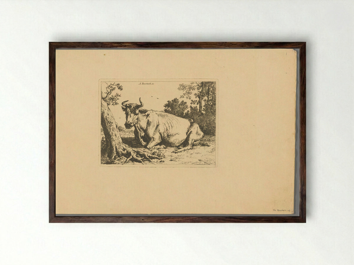Liggende koe bij een boom - Adam von Bartsch - Framed Print Dark Wood
