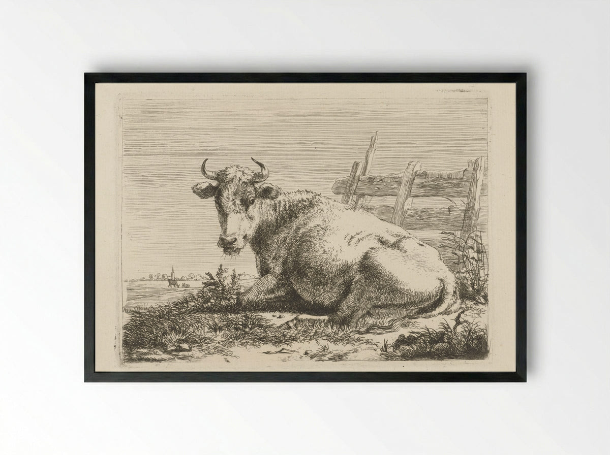 Liggende koe bij een schutting - Pieter Gerardus van Os - Framed Print Black