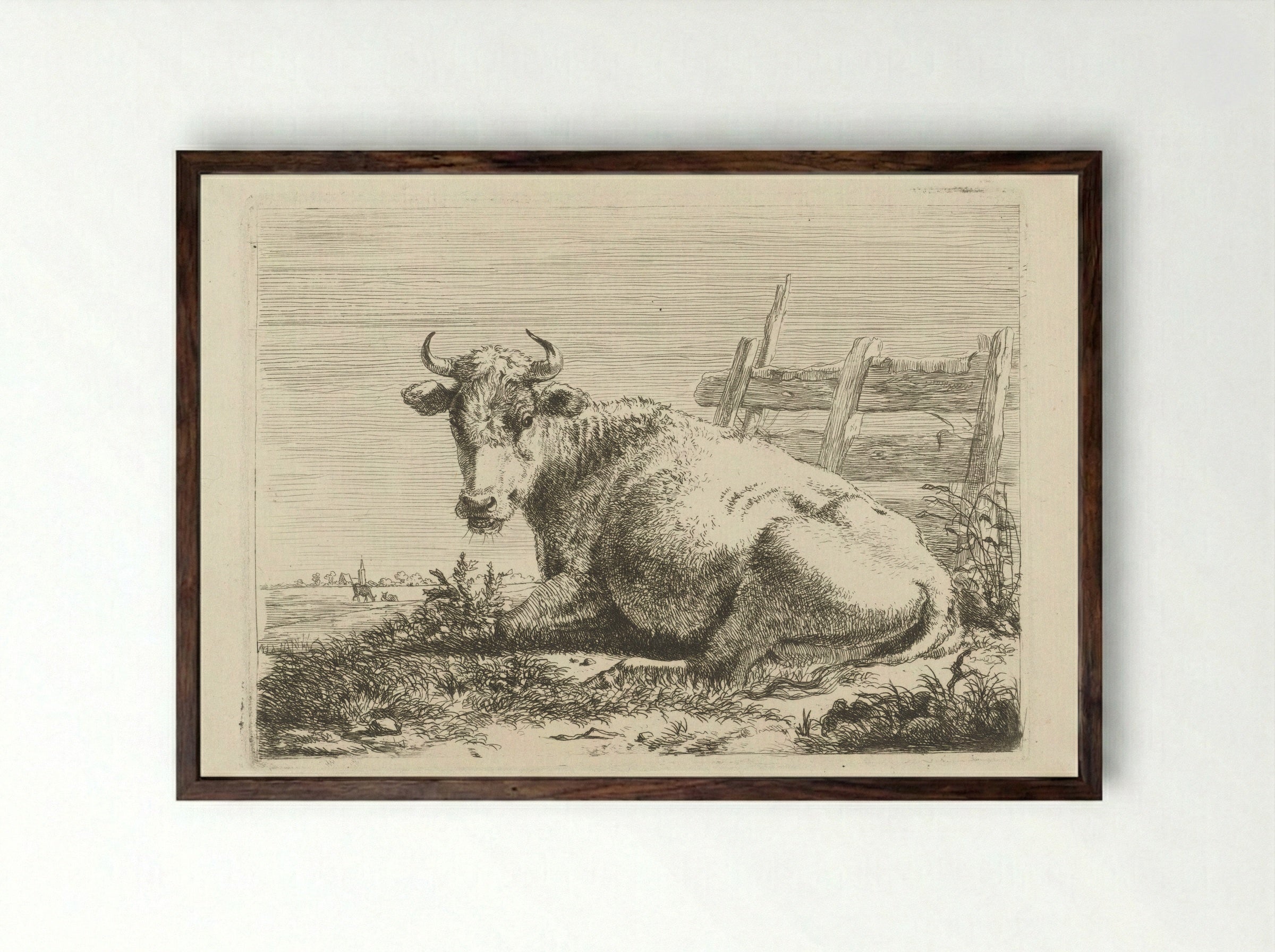 Liggende koe bij een schutting - Pieter Gerardus van Os - Framed Print Dark Wood