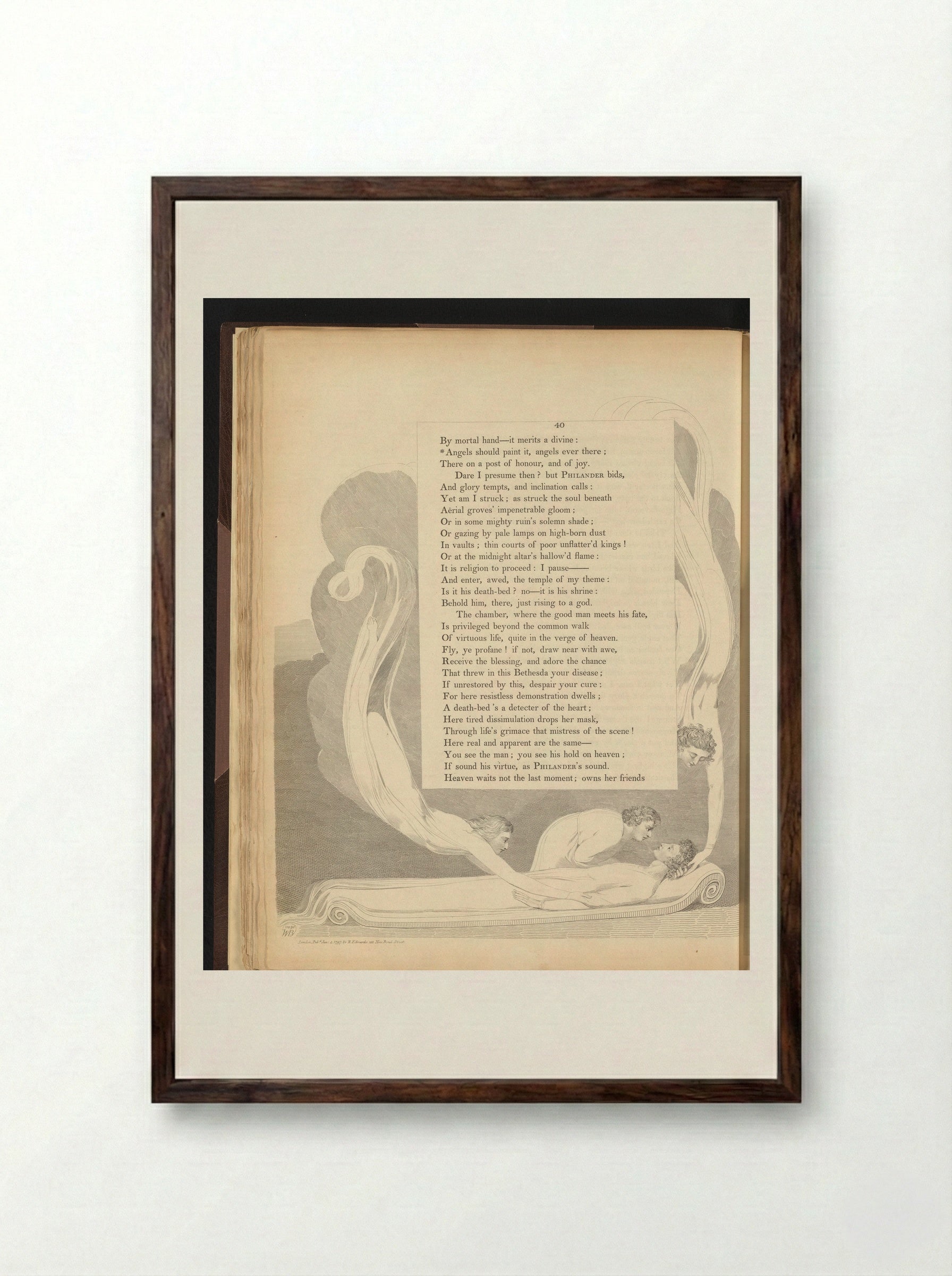 Liggende man omringd door drie vliegende figuren - William Blake - Framed Print Dark Wood