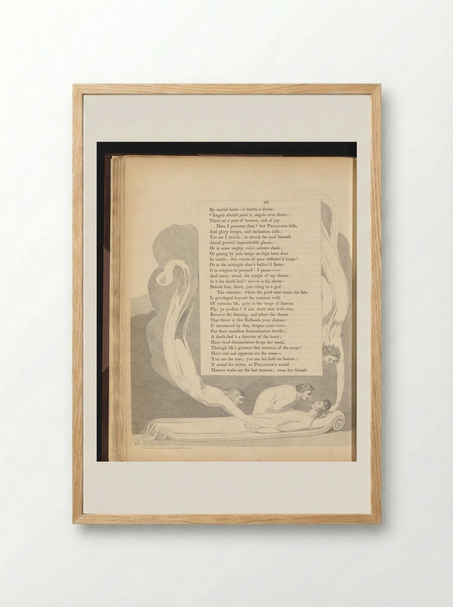 Liggende man omringd door drie vliegende figuren - William Blake - Framed Print Wood