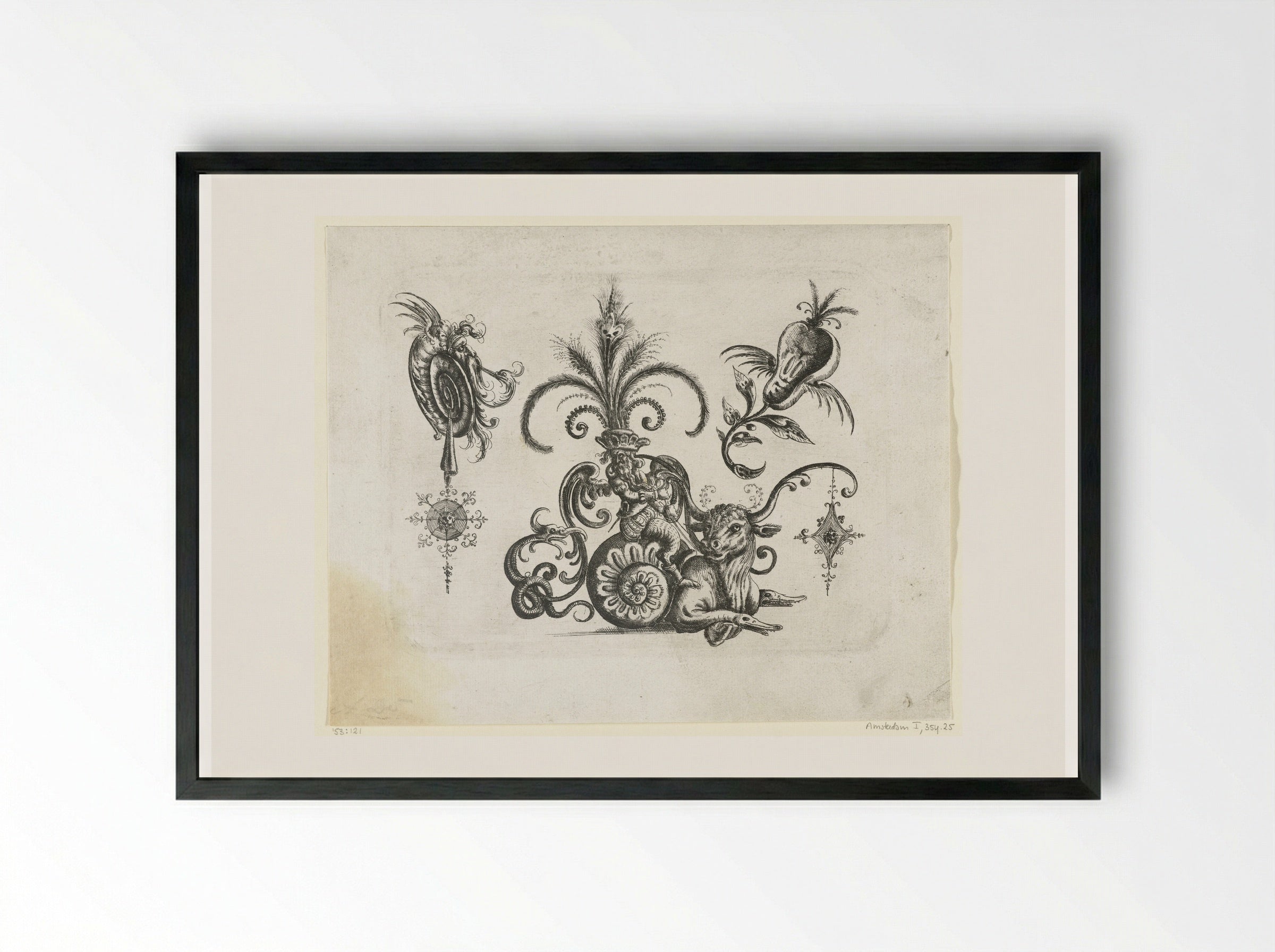Liggende stier met een slakkenhuis als achterlijf - Christoph Jamnitzer - Framed Print Black