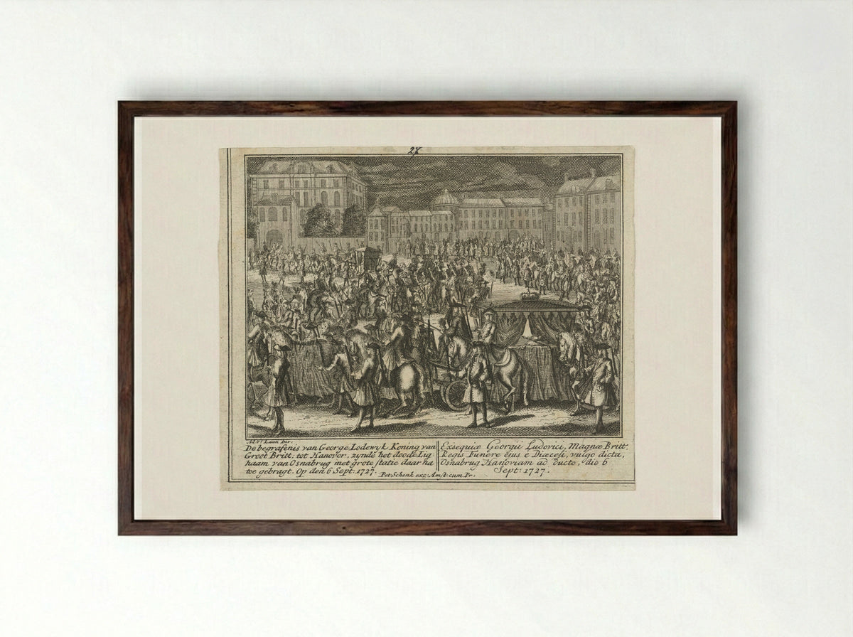 Lijkstatie van George I, koning van Engeland - Leonard Schenk - Framed Print Dark Wood