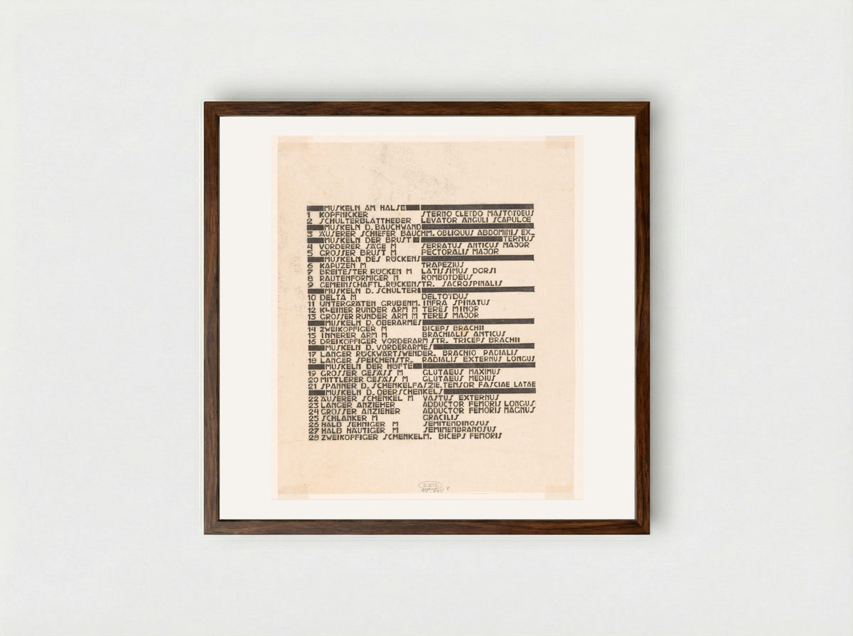 Lijst van hals-, rug- en bilspieren in Duits en Latijn - Reijer Stolk - Framed Print Dark Wood