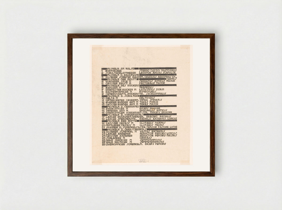 Lijst van hals-, rug- en bilspieren in Duits en Latijn - Reijer Stolk - Framed Print Dark Wood