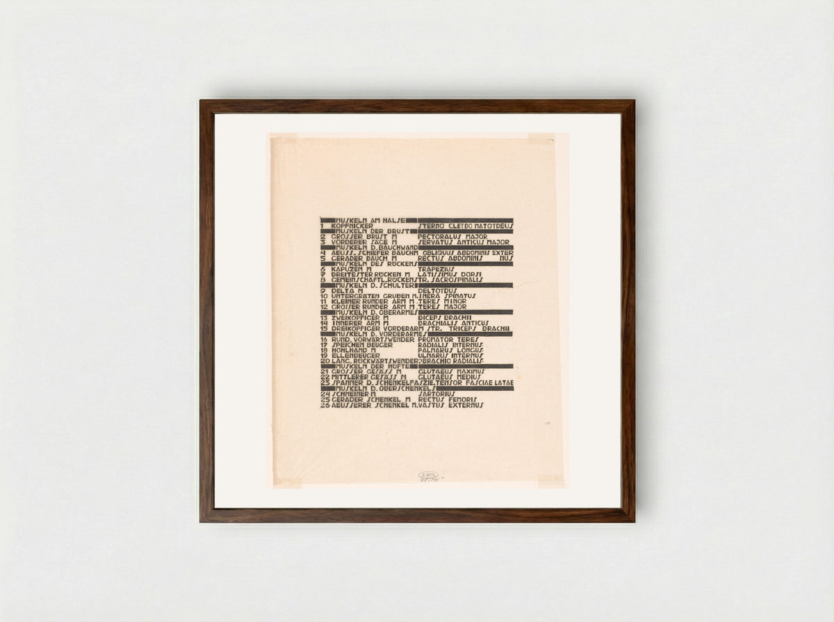 Lijst van rug- en armspieren in Duits en Latijn - Reijer Stolk - Framed Print Dark Wood