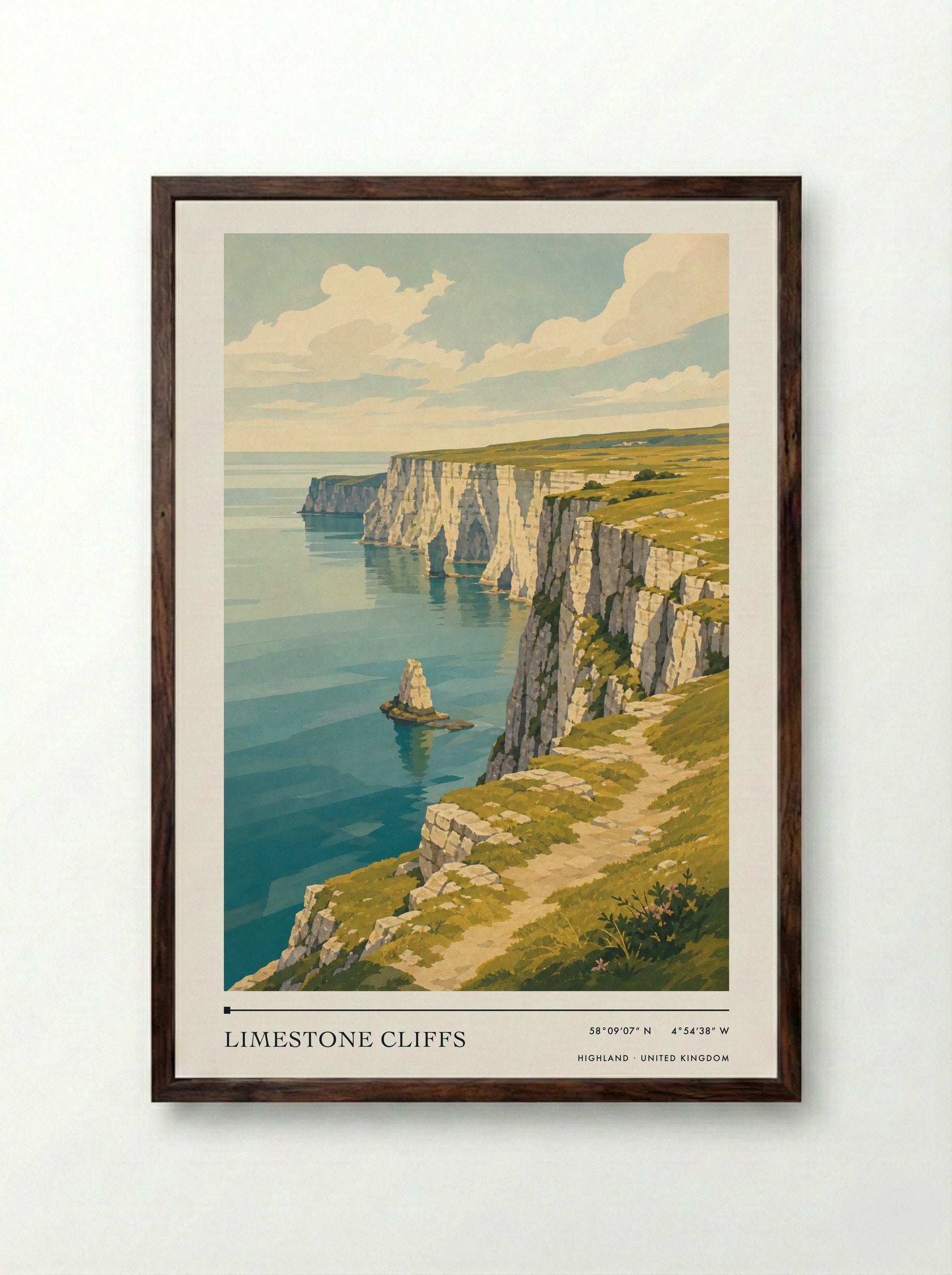 Limestone Cliffs Highland United Kingdom Travel Poster - Framed Print Dark Wood